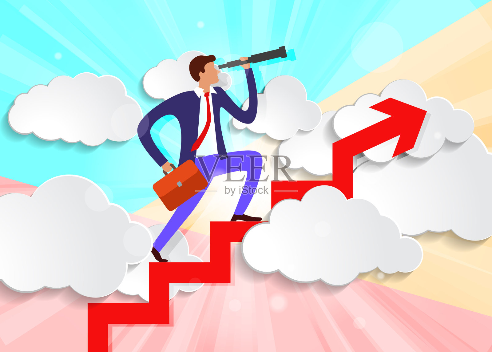 粉彩简约的商人带着望远镜和公文包站在绿箭上，白色的纸云插画图片素材