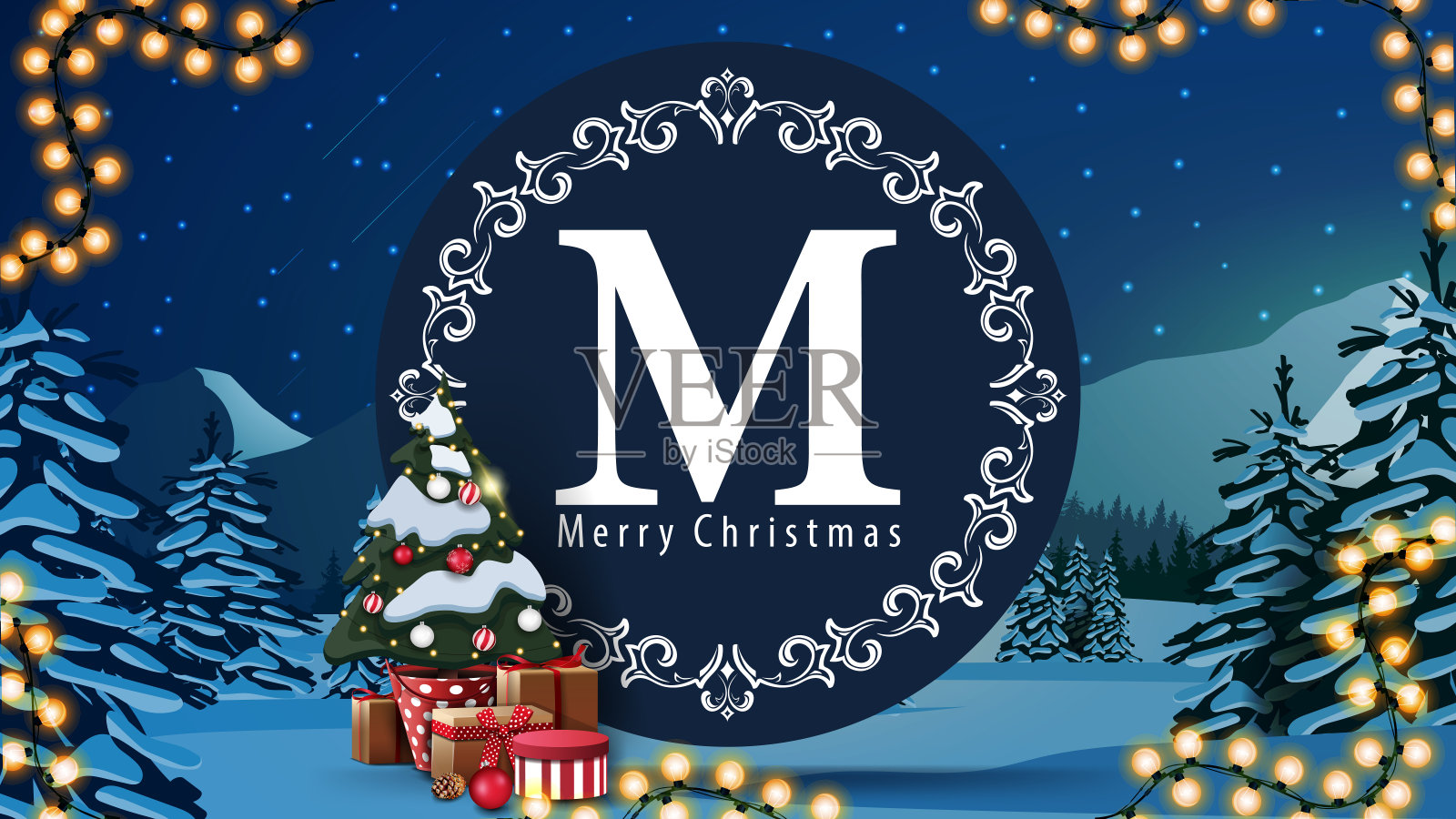 圣诞快乐，印有圆形标志的明信片，花环，花盆里的圣诞树，背景是冬天的风景插画图片素材