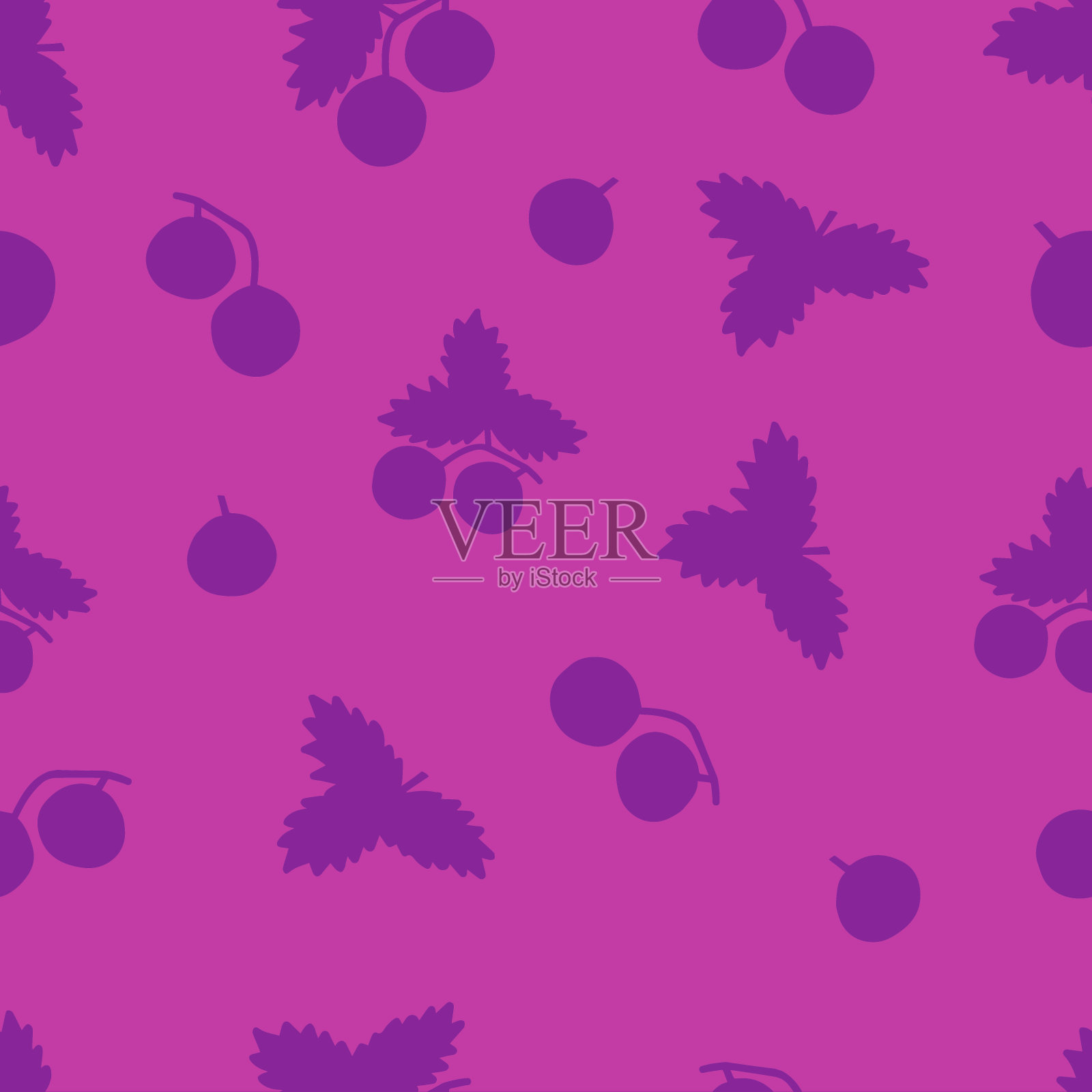 矢量插图的粉红色涂鸦树叶和圆锥或浆果，无缝模式设计元素图片