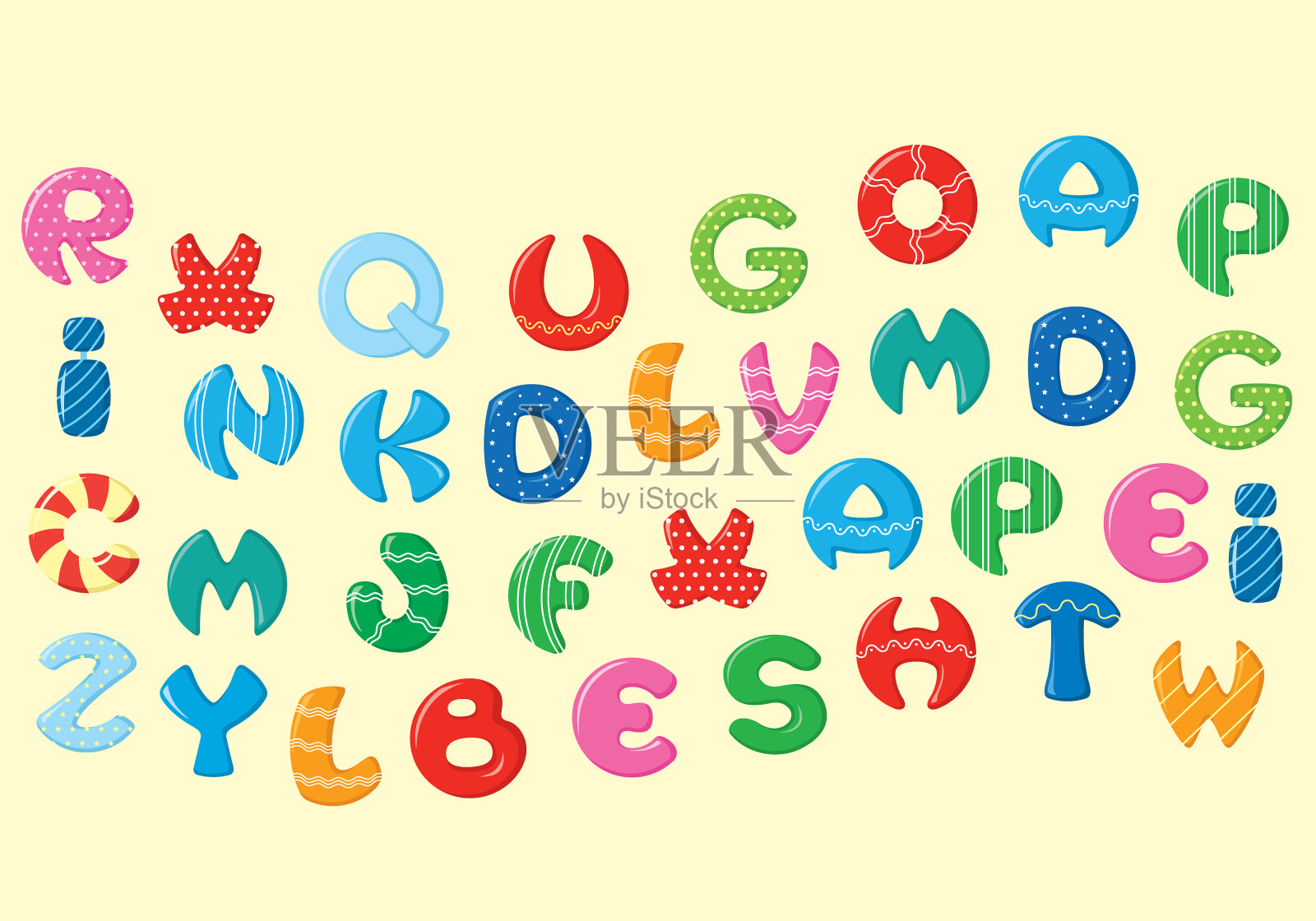 以黄色为背景的彩带形式的彩色字母表插画图片素材