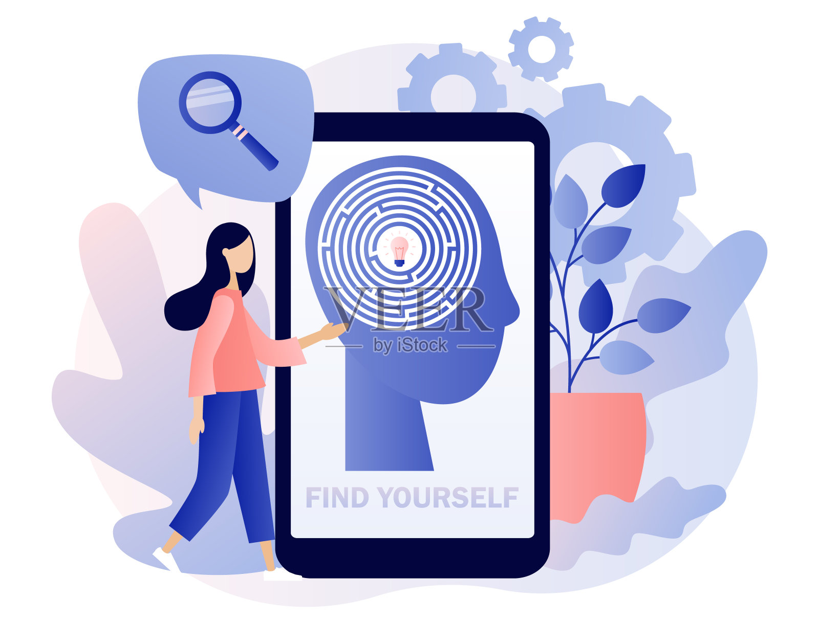 在智能手机屏幕上找到自己并迷失。个人成长。小女孩认为自强不息，自我发展。把个性比喻成植物。现代平面卡通风格。矢量图插画图片素材