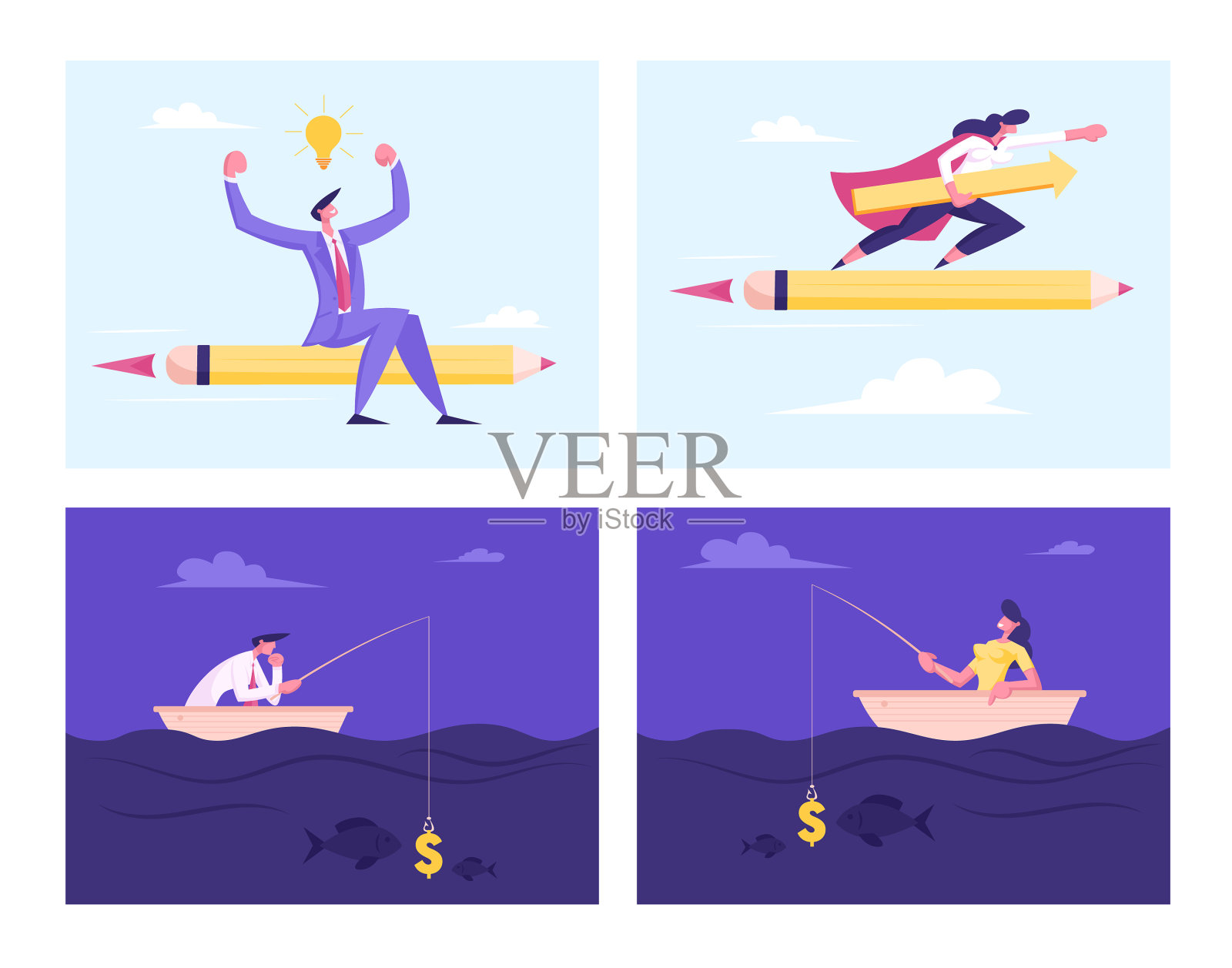 让商业人士坐着巨大的铅笔飞起来插画图片素材