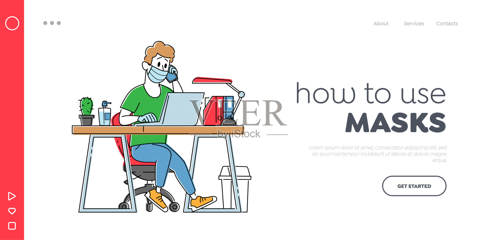 冠状病毒大流行登陆页面模板的工作流程。医用口罩中的男性角色在笔记本电脑上工作插画图片素材