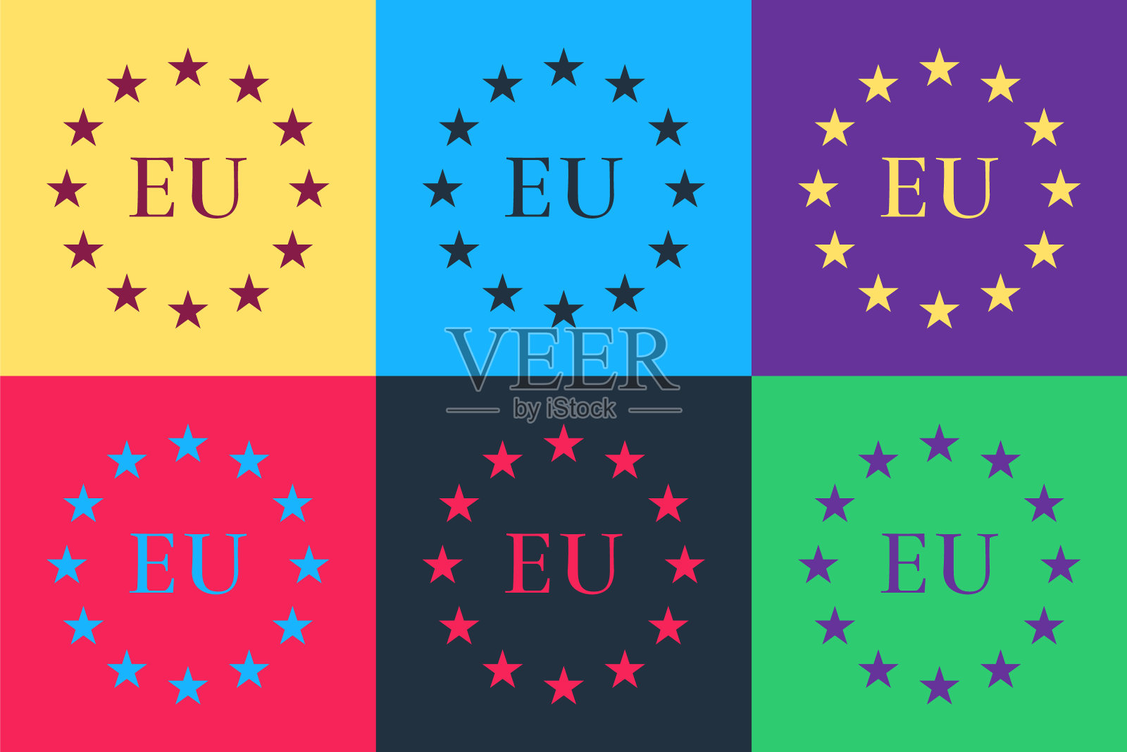 波普艺术色彩背景上孤立的欧盟旗帜图标。欧盟圆圈符号。挥舞欧盟旗帜。向量插画图片素材