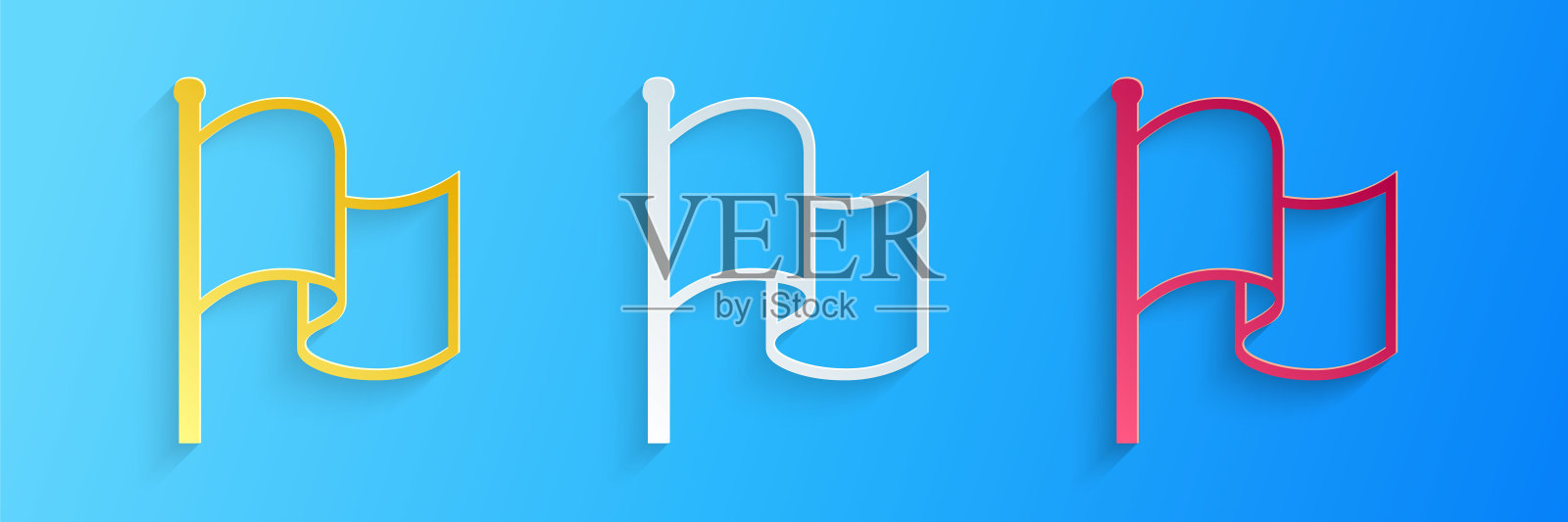 剪纸旗帜图标孤立在蓝色背景。纸艺术风格。向量设计元素图片