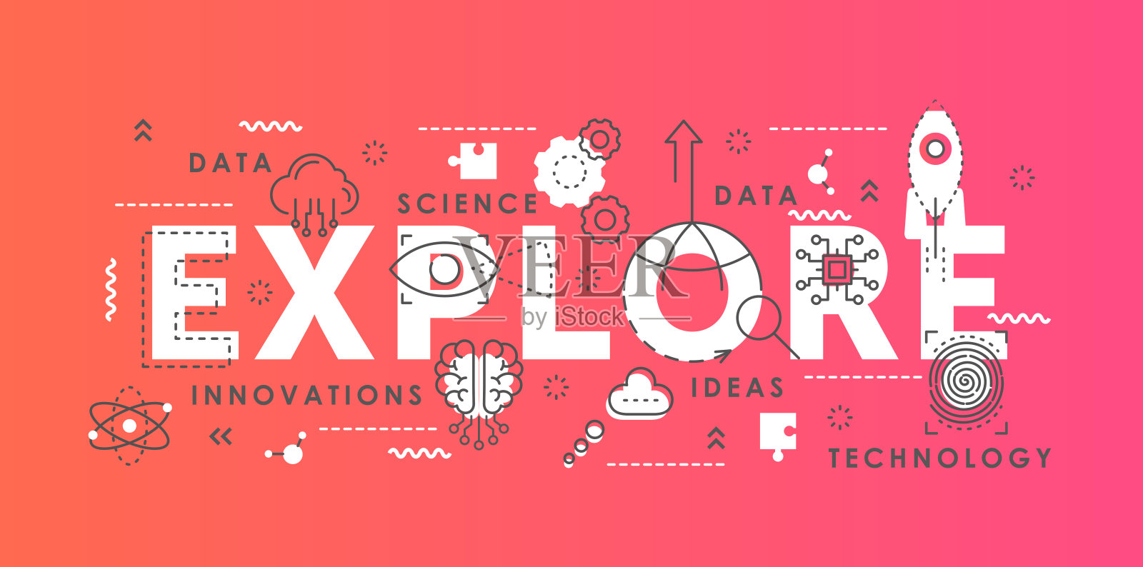 用创新的科学符号、科学的实验室设备、创意的发展理念探索字抽象的细线矢量插图插画图片素材