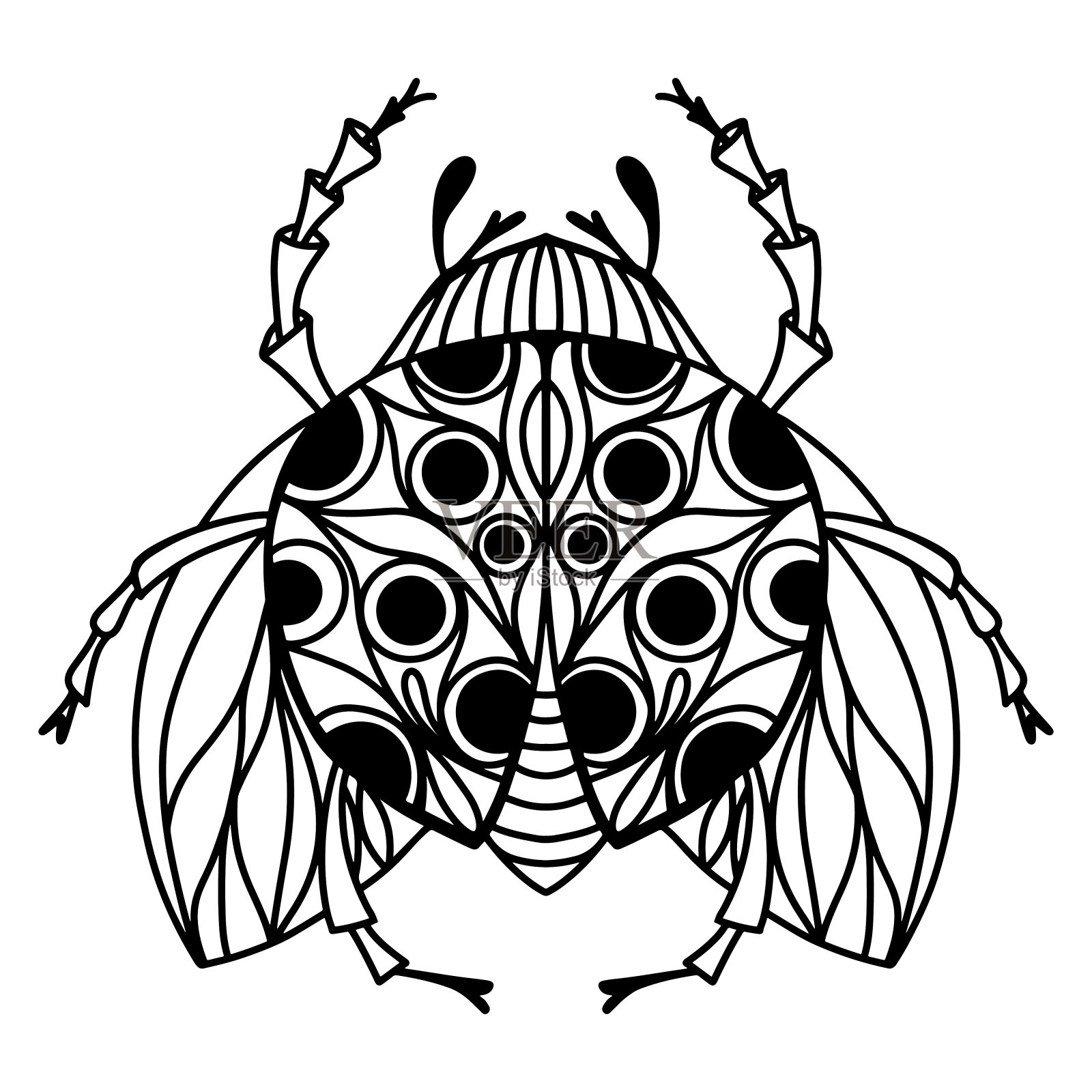 矢量黑白素描瓢虫。儿童，成人和青少年填色书。一只可爱的昆虫，背上和翅膀上都有斑点。小细节。线性图插画图片素材