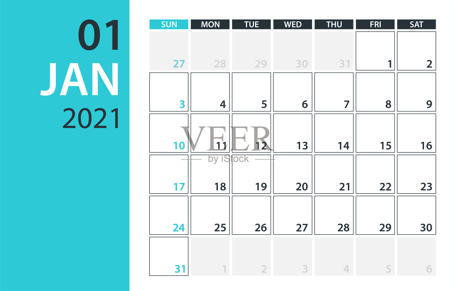 2021年1月日历计划-矢量插图。模板。模拟。设计模板素材