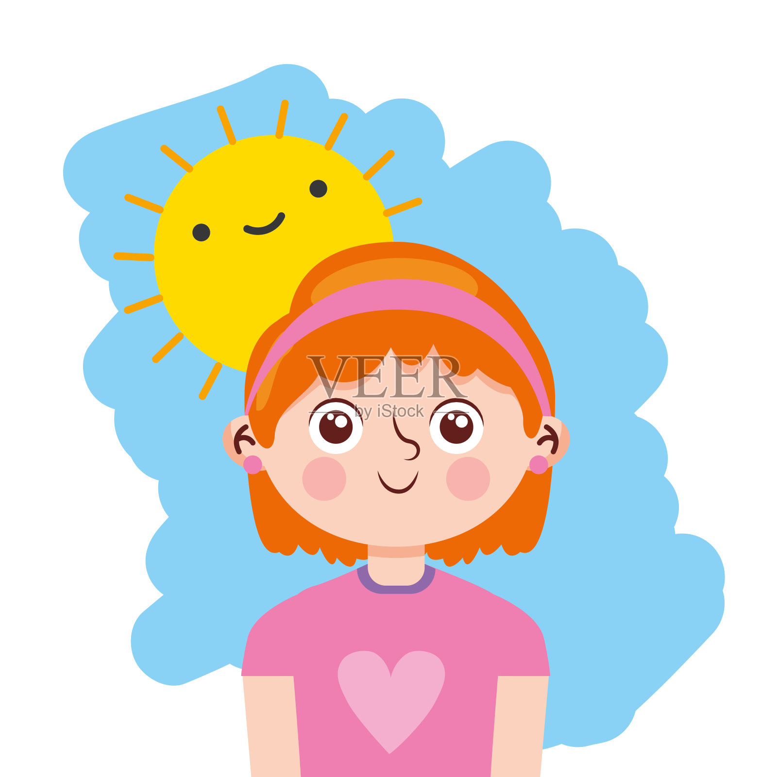 快乐的女孩与太阳。向量插画图片素材