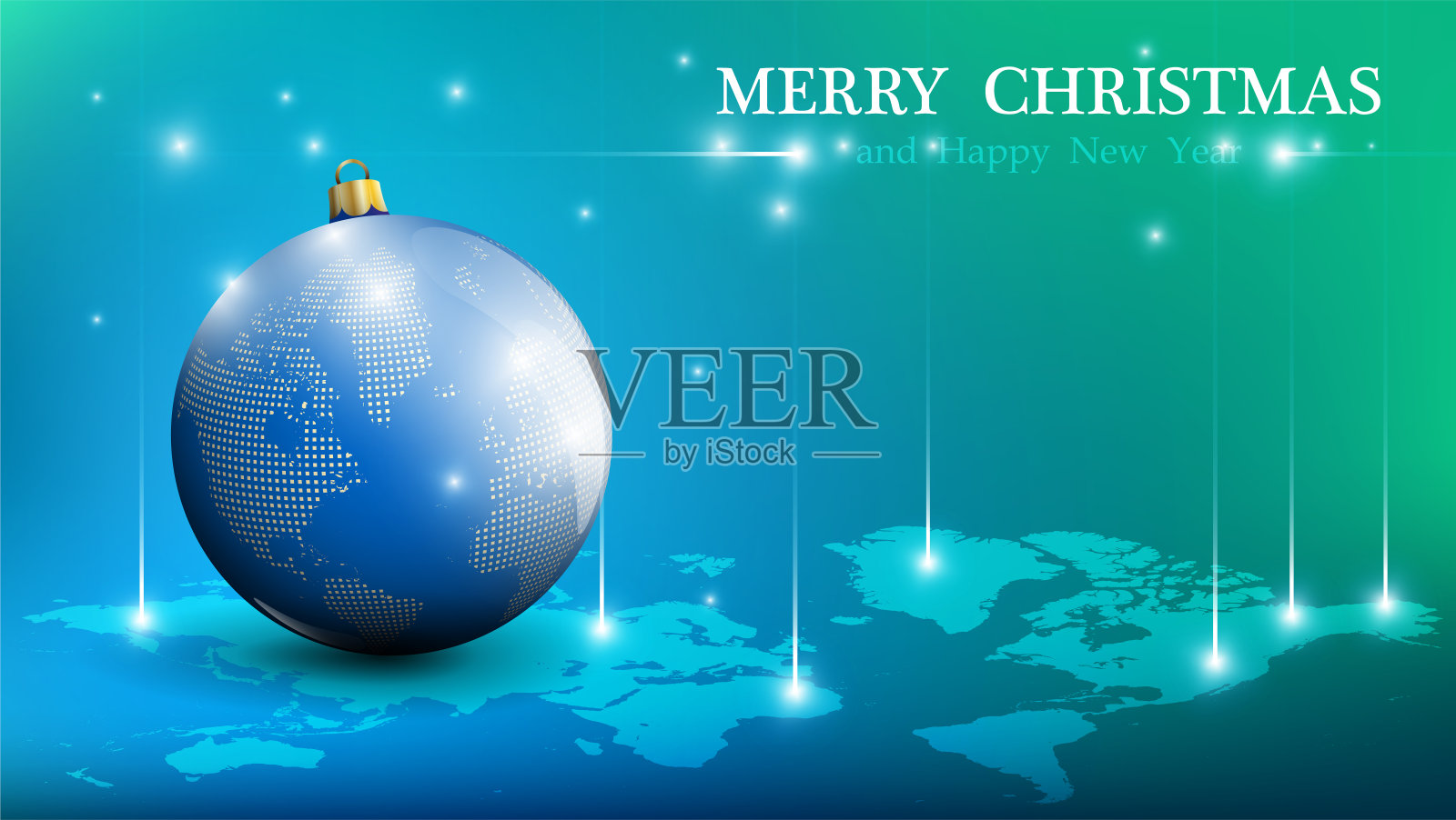 圣诞装饰品，玻璃球。圣诞、新年贺卡设计、节日横幅。装饰，以地球大陆为背景的闪亮玻璃球。现实的向量插画图片素材