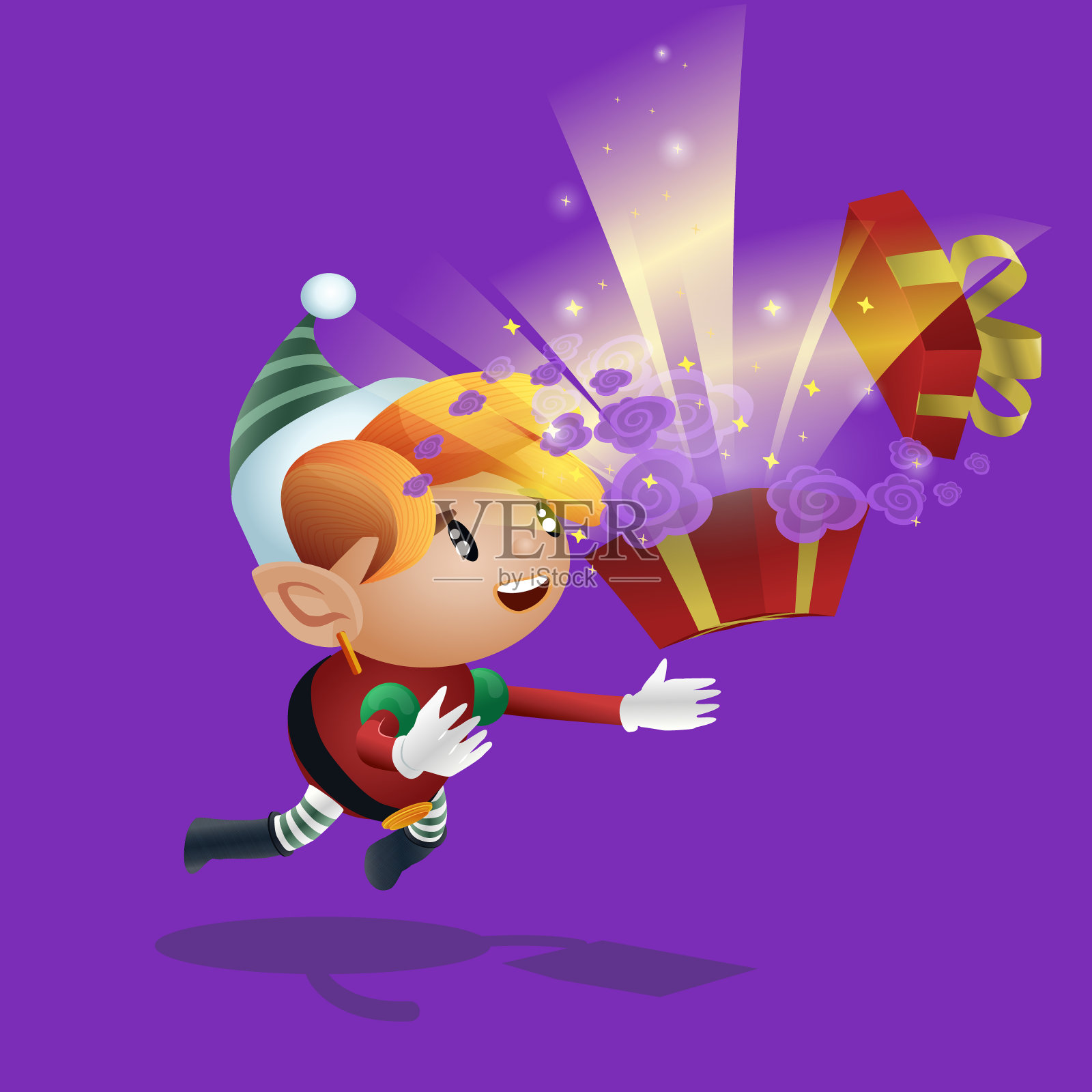 可爱的圣诞老人帮手抓住一份神奇的礼物插画图片素材