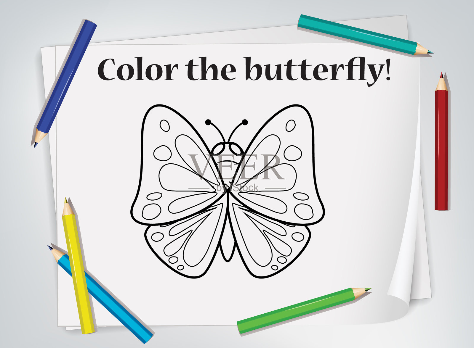 儿童蝴蝶着色工作表插画图片素材