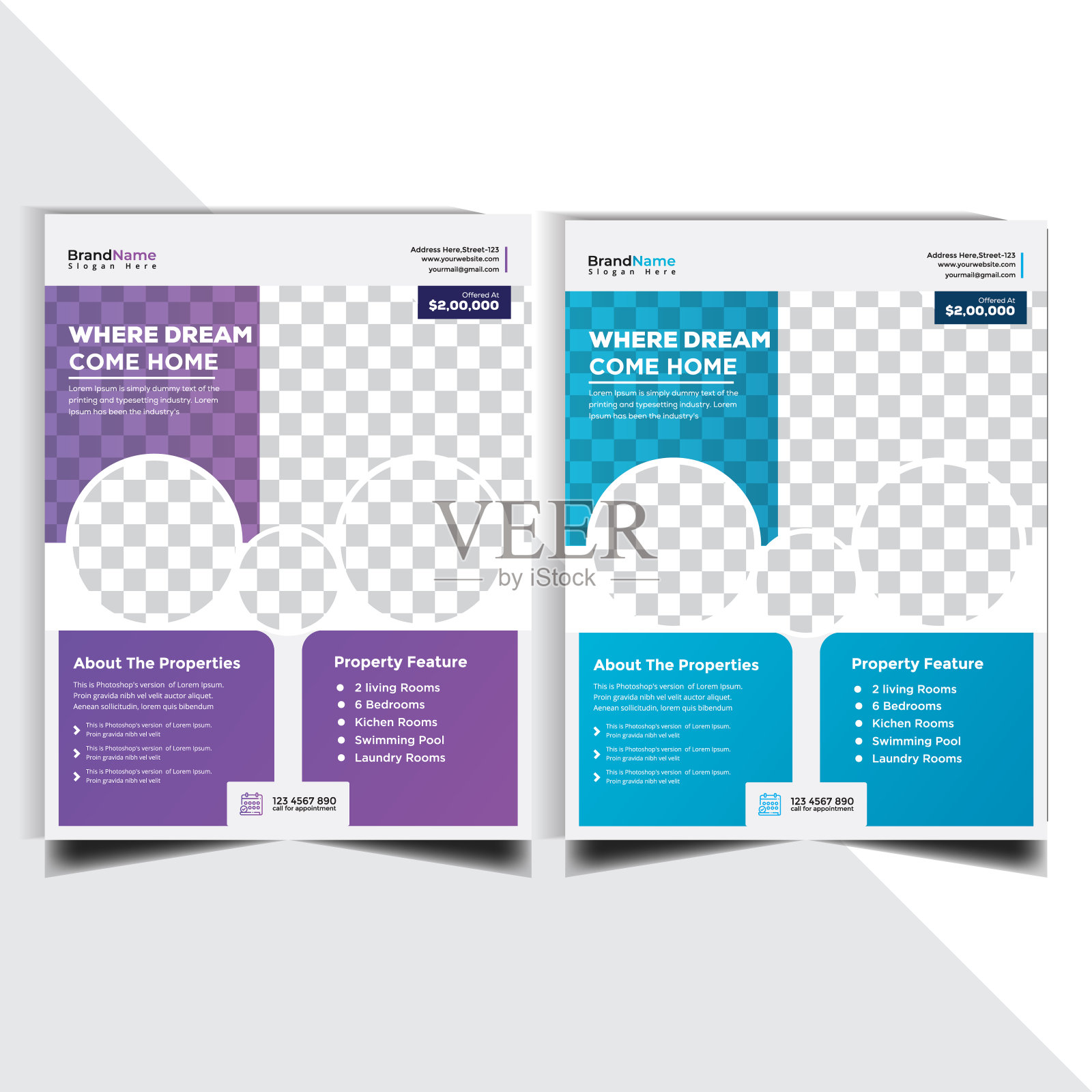 房地产代理传单和海报模板。宣传册模板布局，封面设计年度报告，杂志，传单或小册子A4与蓝色几何形状的多边形背景设计模板素材