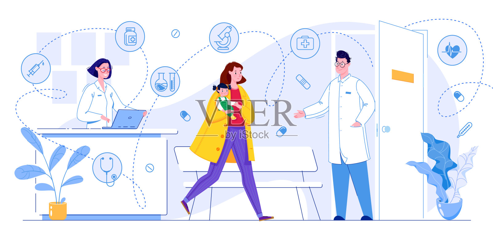 孩子在和小儿科医生预约。矢量平面卡通。设计模板素材