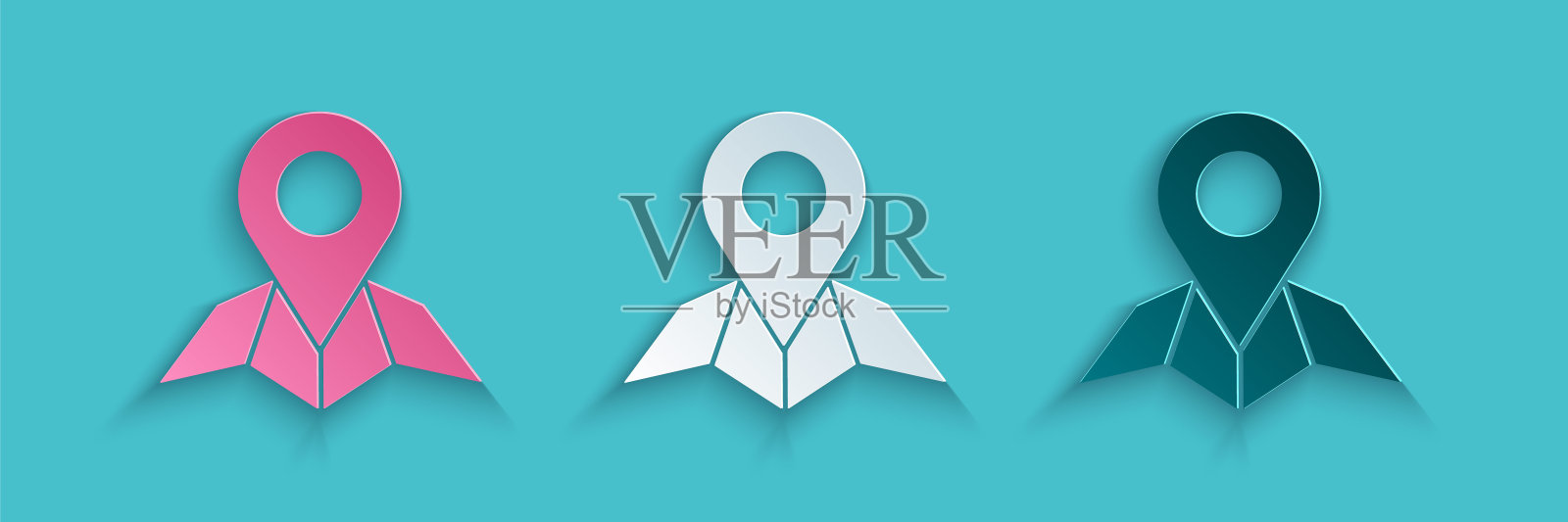 在地图纸上的占位符在透视图标孤立在蓝色背景。纸艺术风格。矢量图图标素材