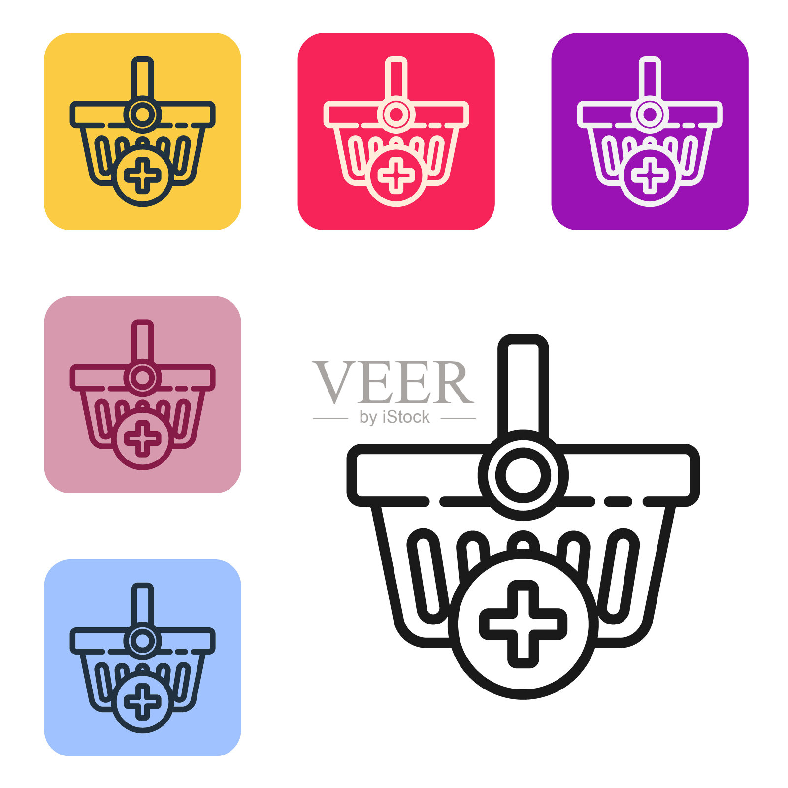 黑线添加到购物篮图标孤立的白色背景。网上购物的概念。送货服务。超市篮的象征。设置图标的颜色方形按钮。矢量图图标素材