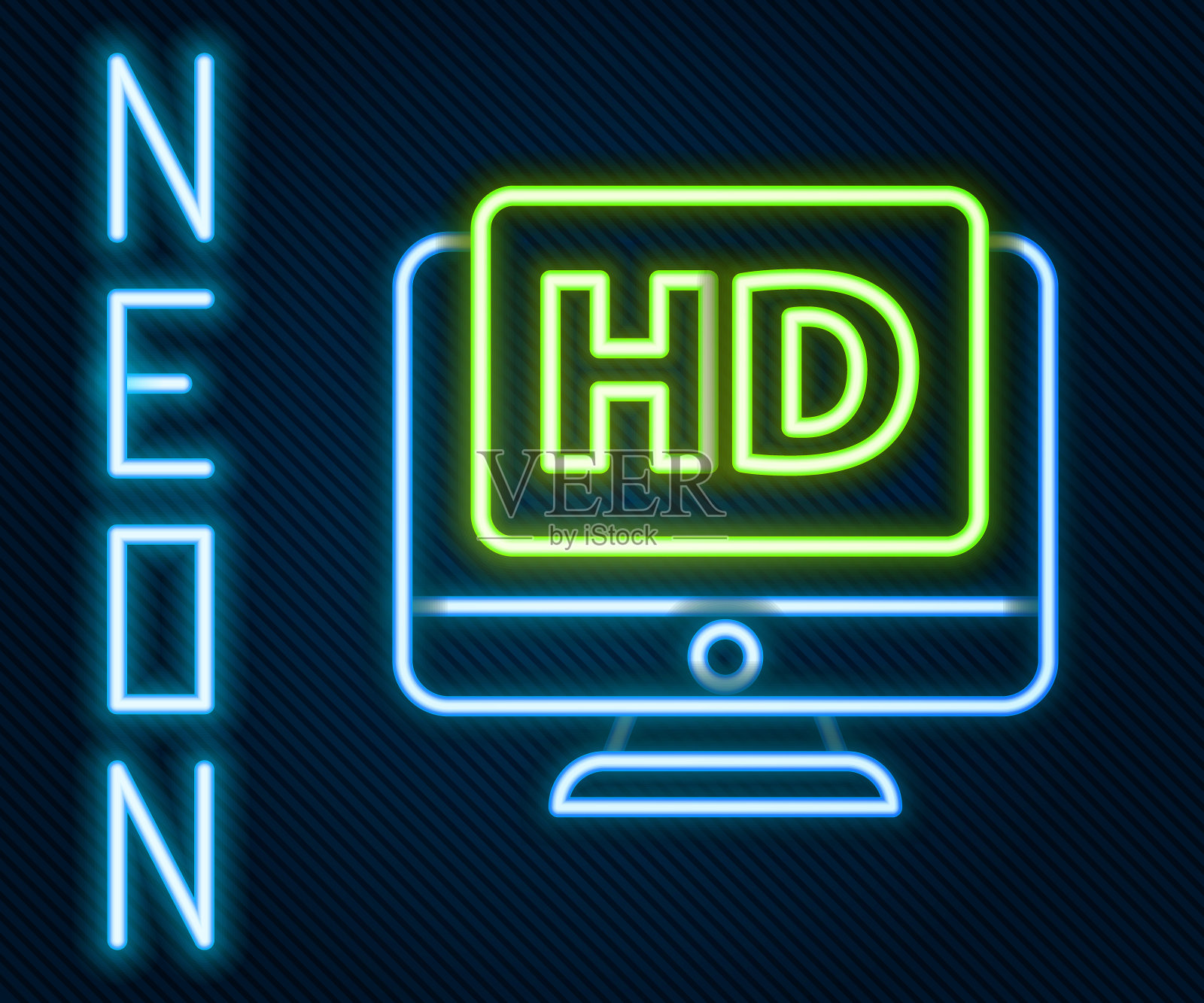 发光的霓虹灯线电脑电脑显示器显示与高清视频技术图标孤立在黑色背景。色彩斑斓的轮廓的概念。矢量图插画图片素材