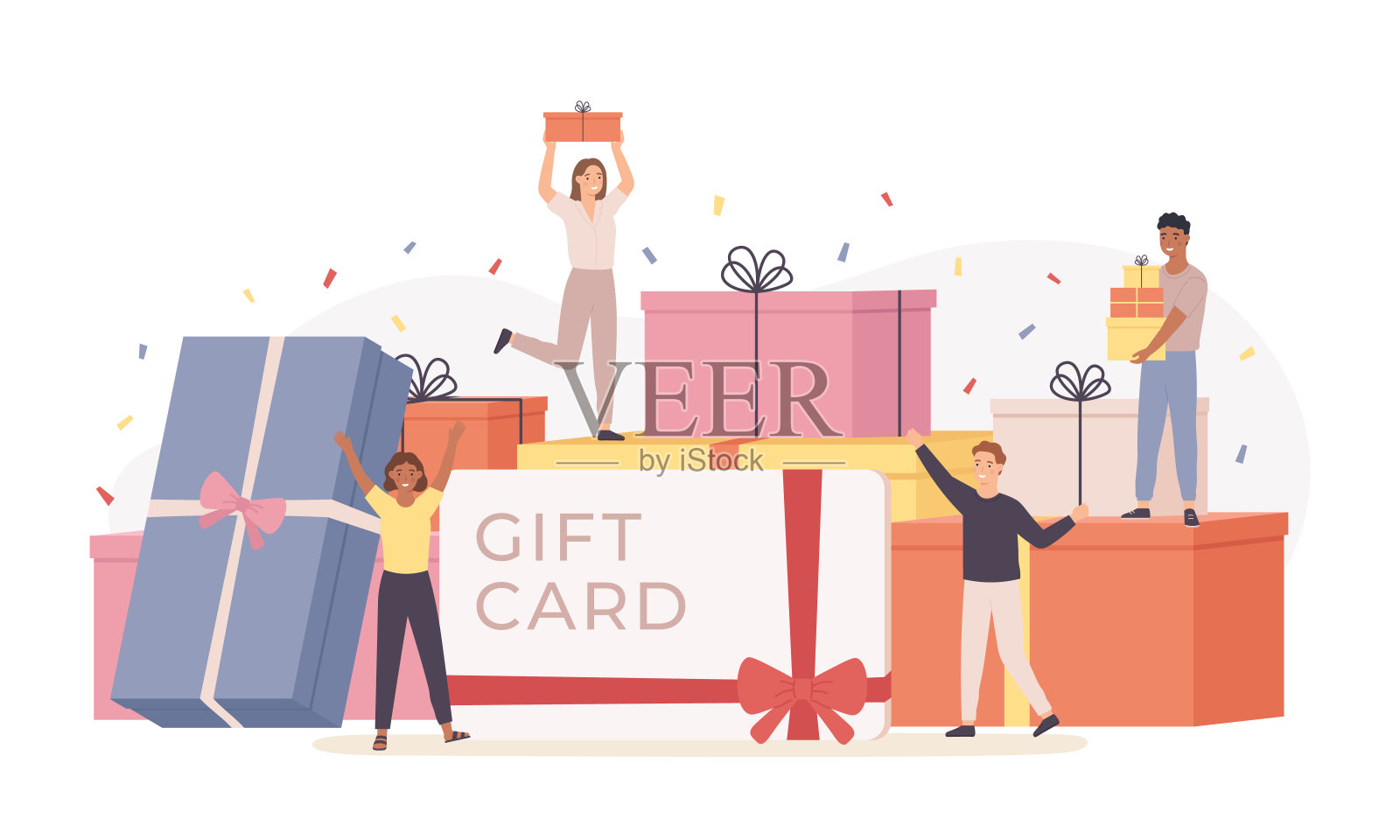 人们拿着礼盒。巨大的礼品盒和小组快乐的小男女，礼品卡，折扣券。登陆页面模板矢量概念设计元素图片