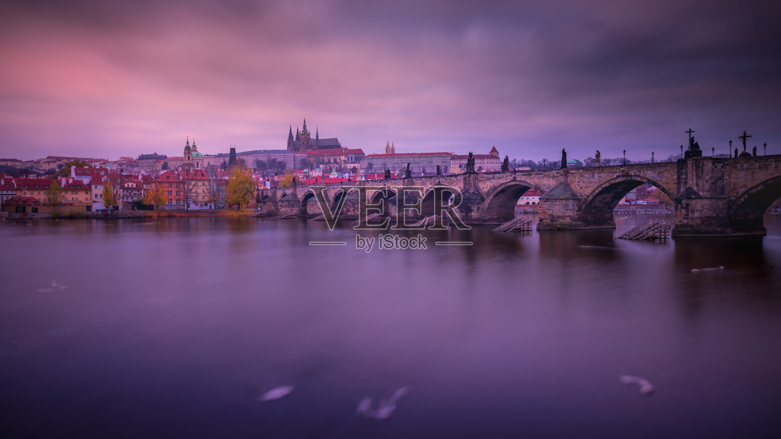 天空飘渺的布拉格，查理大桥和天鹅在拂晓时模糊地移动照片摄影图片