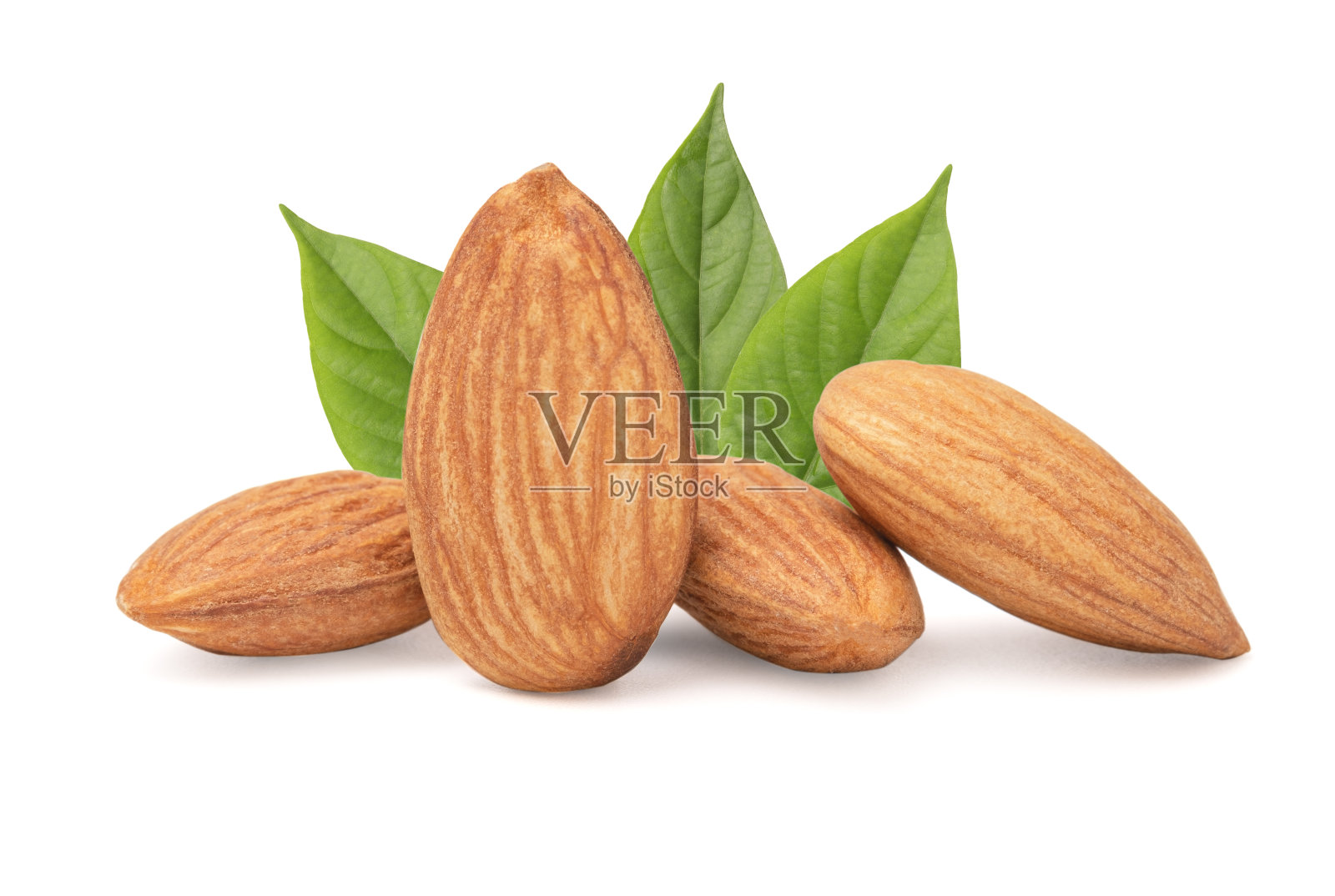 特写分离的新鲜杏仁坚果种子与绿色的叶子在白色的背景。照片摄影图片