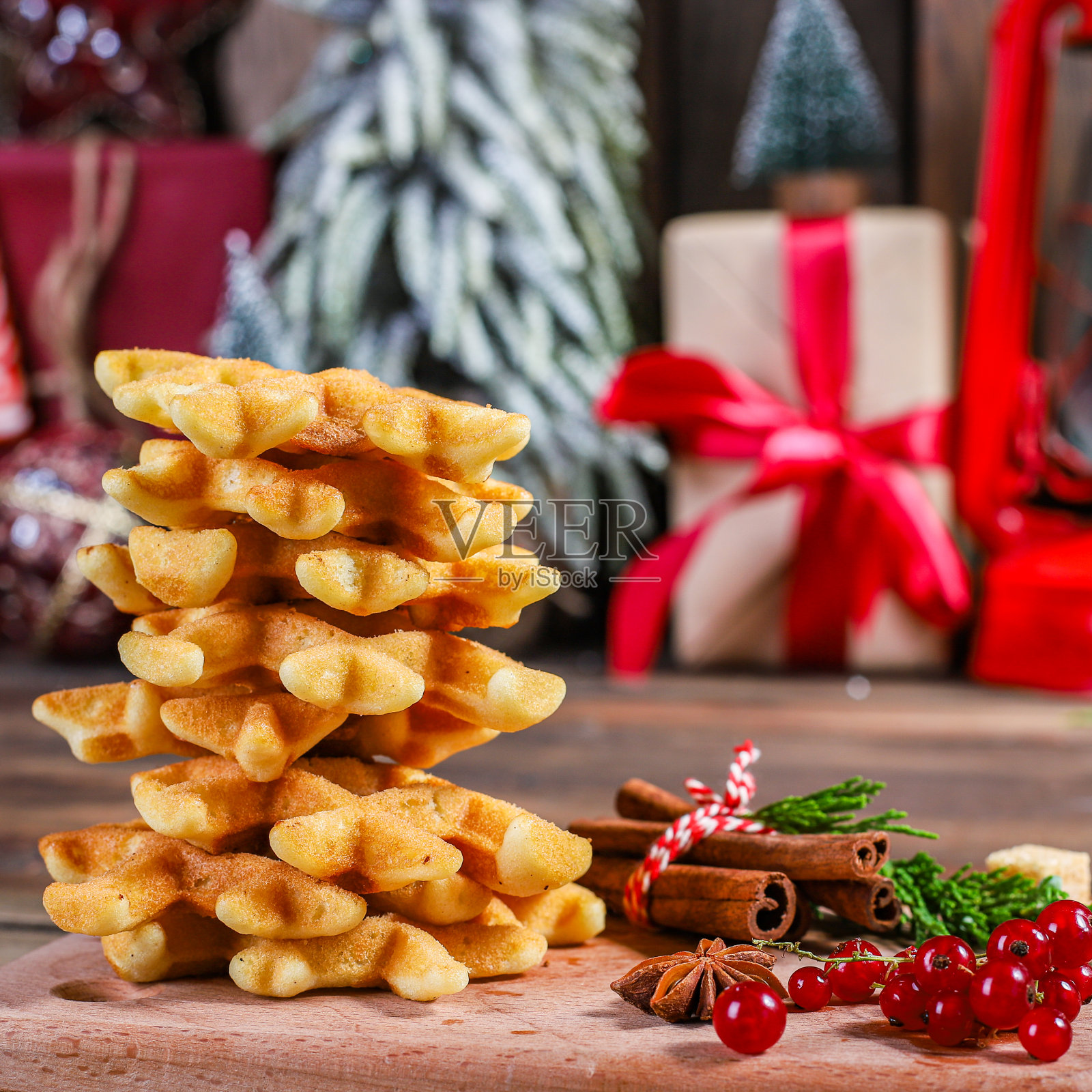 华夫饼，甜点，甜菜单，圣诞，新年烘焙，份量。食物背景俯视图复制空间的文本照片摄影图片
