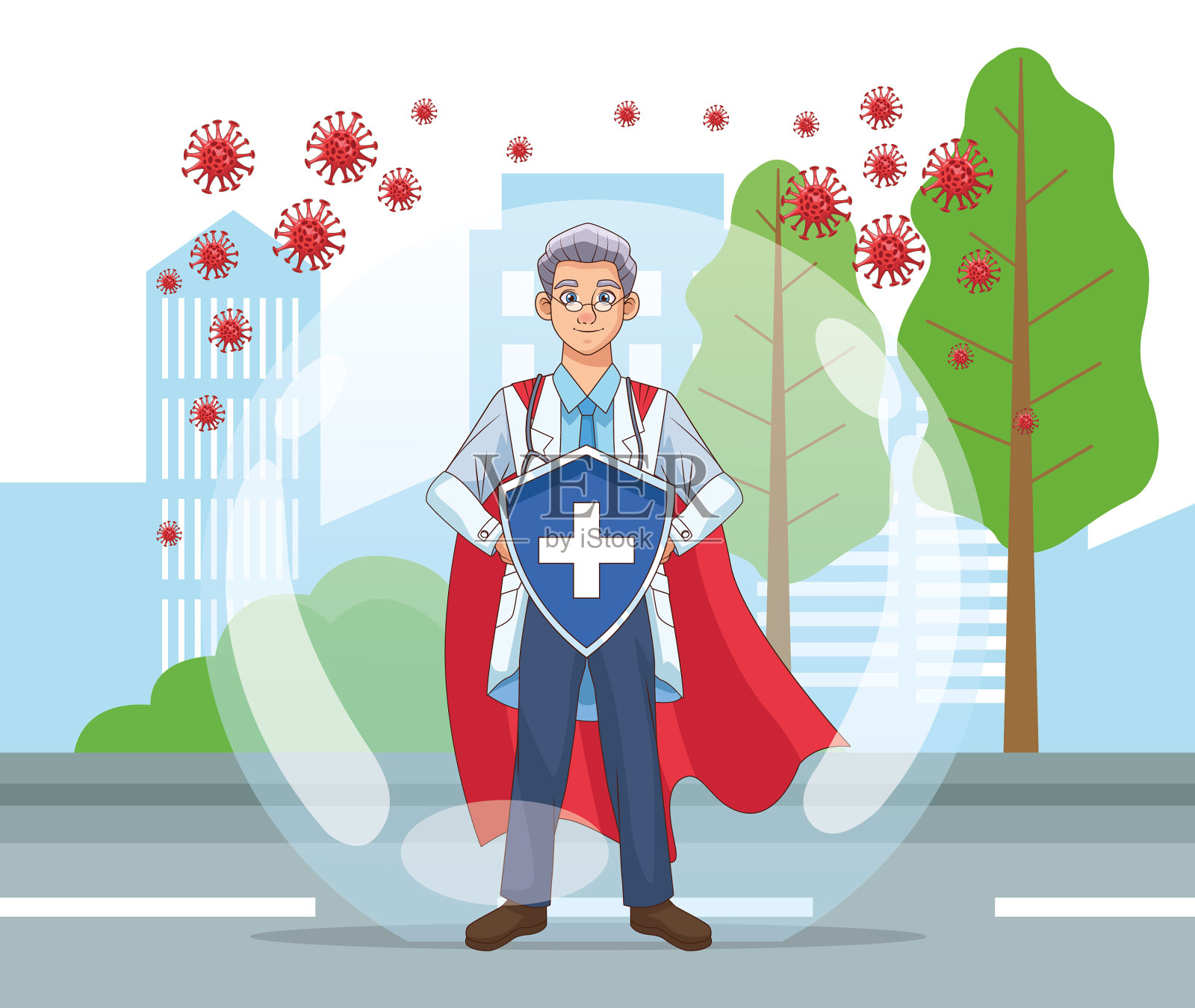 超级医生与盾牌和斗篷对抗新冠肺炎插画图片素材