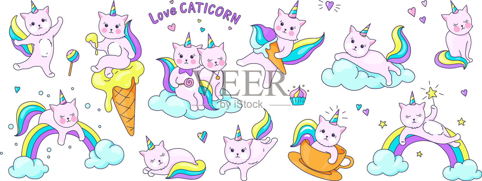 可爱的独角兽猫，有趣的涂鸦Kitty人物插画图片素材