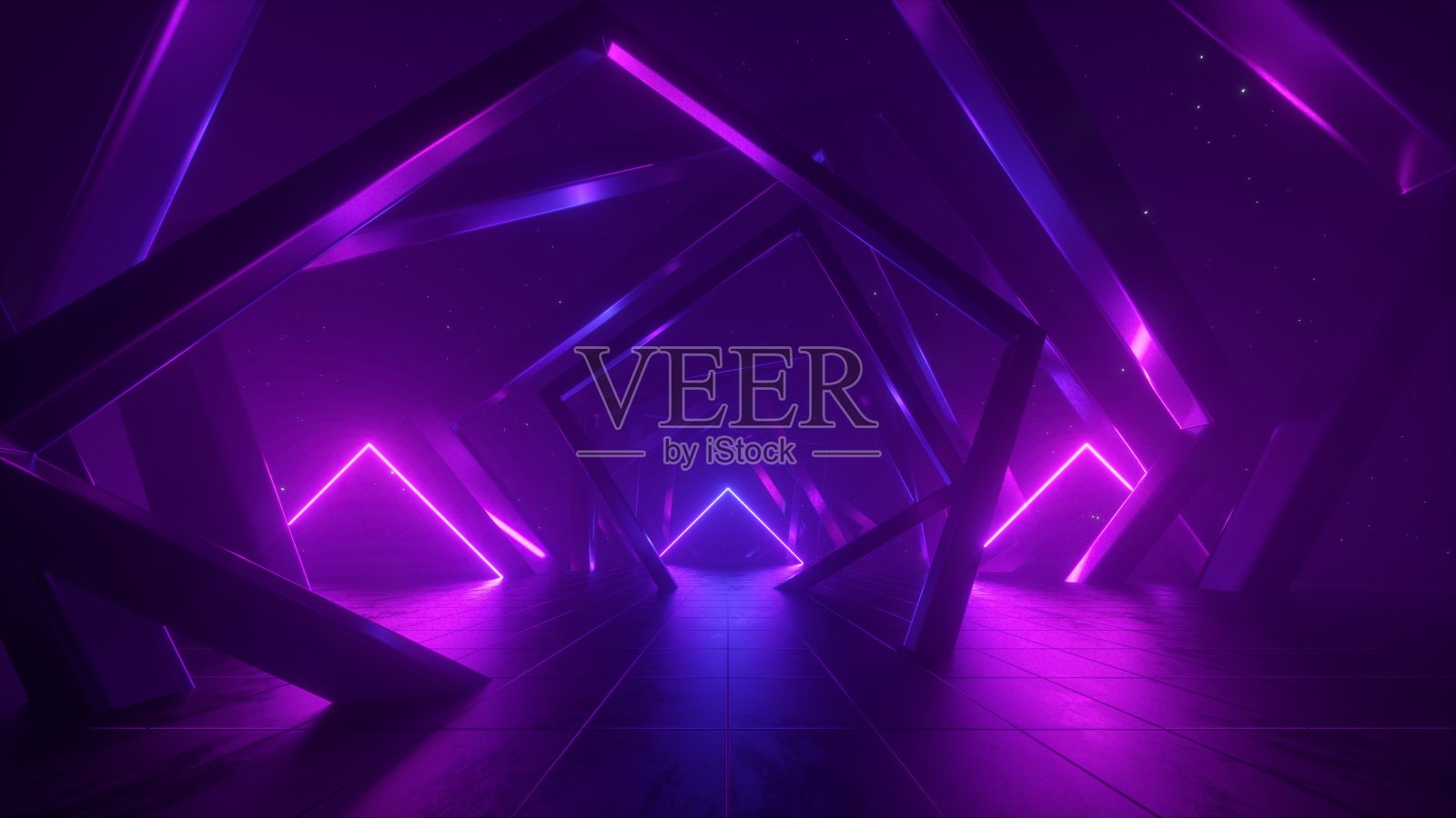 3d渲染，抽象的几何背景与霓虹灯，宇宙壁纸与多边形结构，混沌的方形框架，紫外光谱照片摄影图片