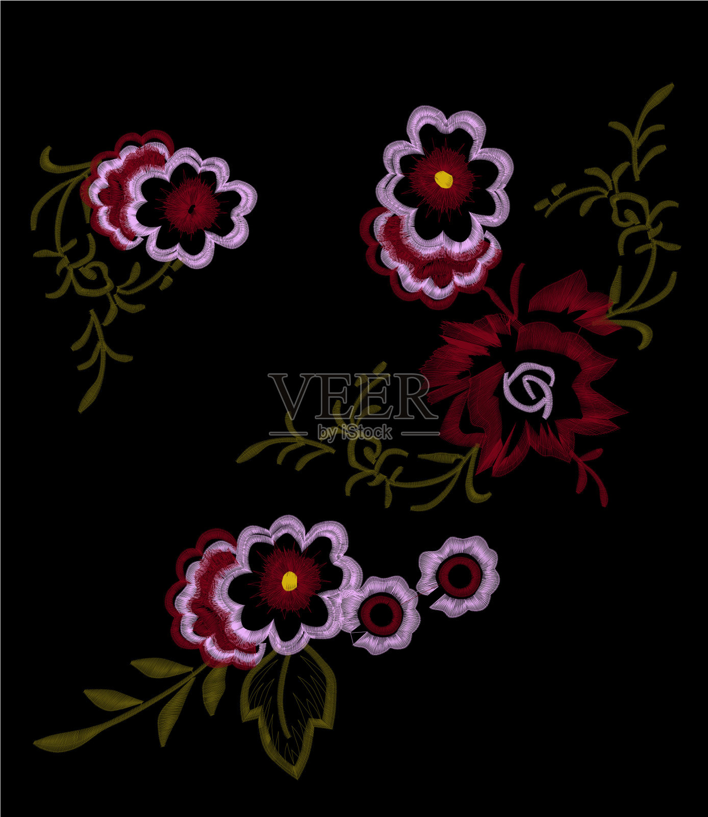 刺绣时尚花卉设计插画图片素材