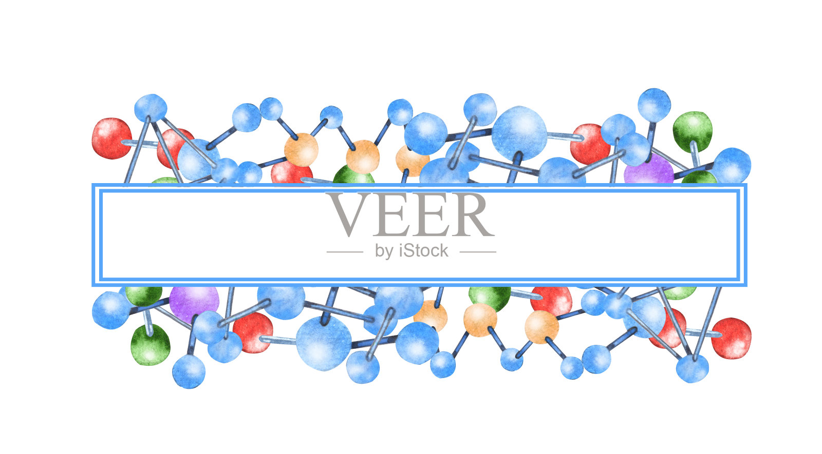 水彩科学框架。分子模型原子图标。手绘插图。插画图片素材