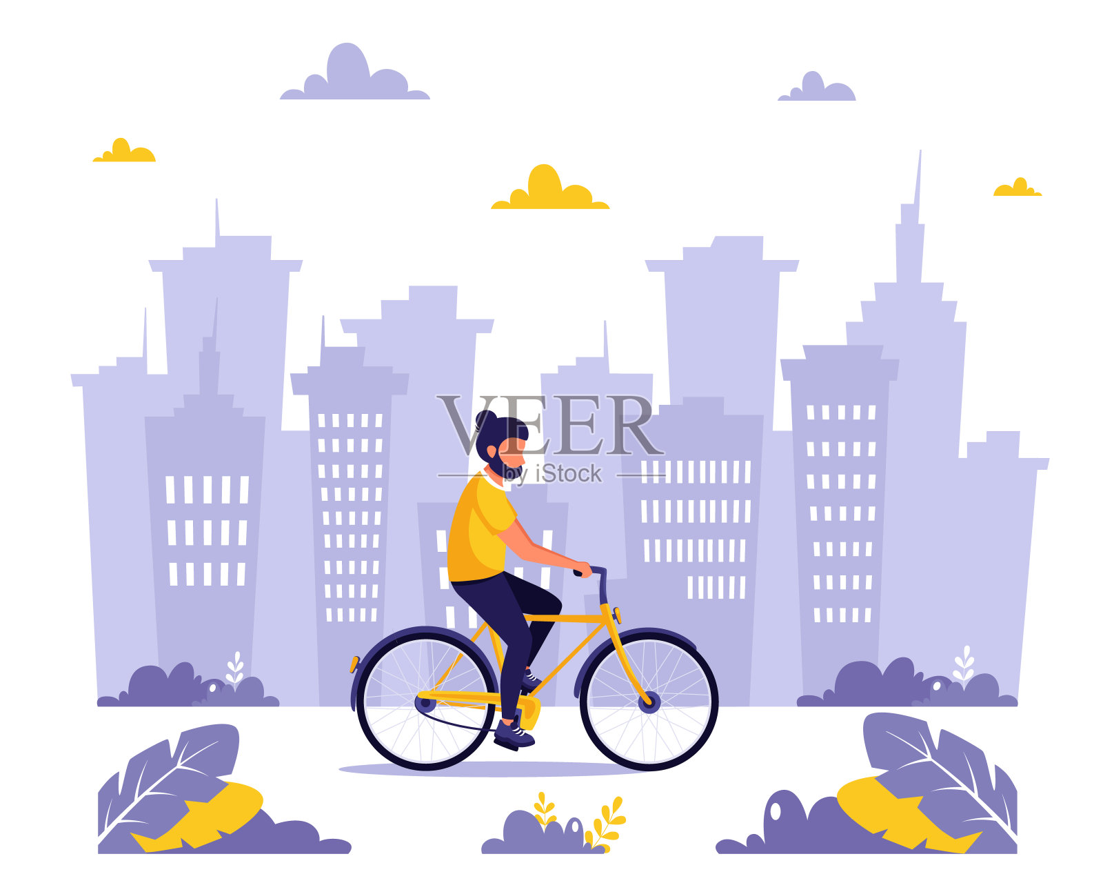 在城市里骑自行车的人。健康生活方式、运动、户外活动理念。矢量插图在平面风格。插画图片素材