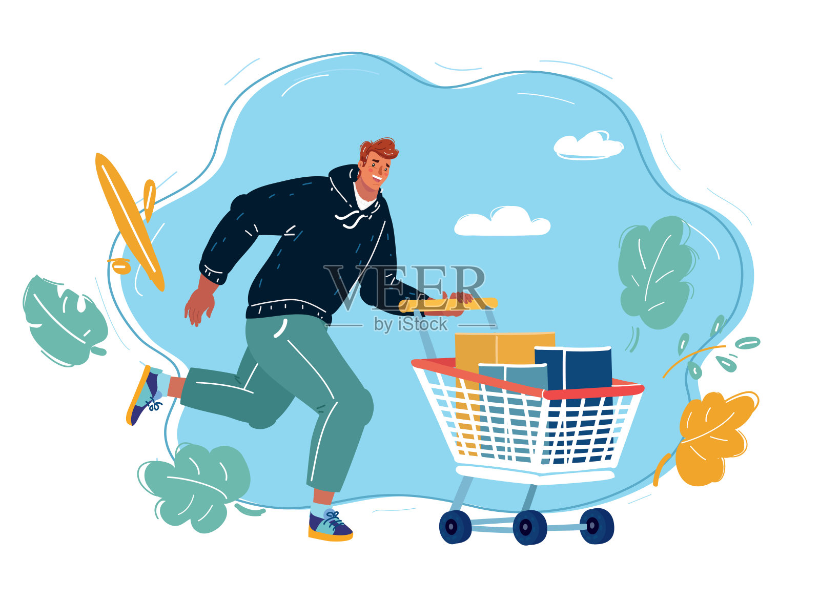 跑着的人推着装满商品的购物车插画图片素材