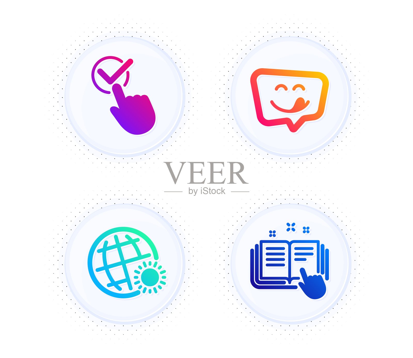 美味的微笑，复选框和世界天气图标设置。技术文档的迹象。表情符号,批准,阳光明媚。向量图标素材