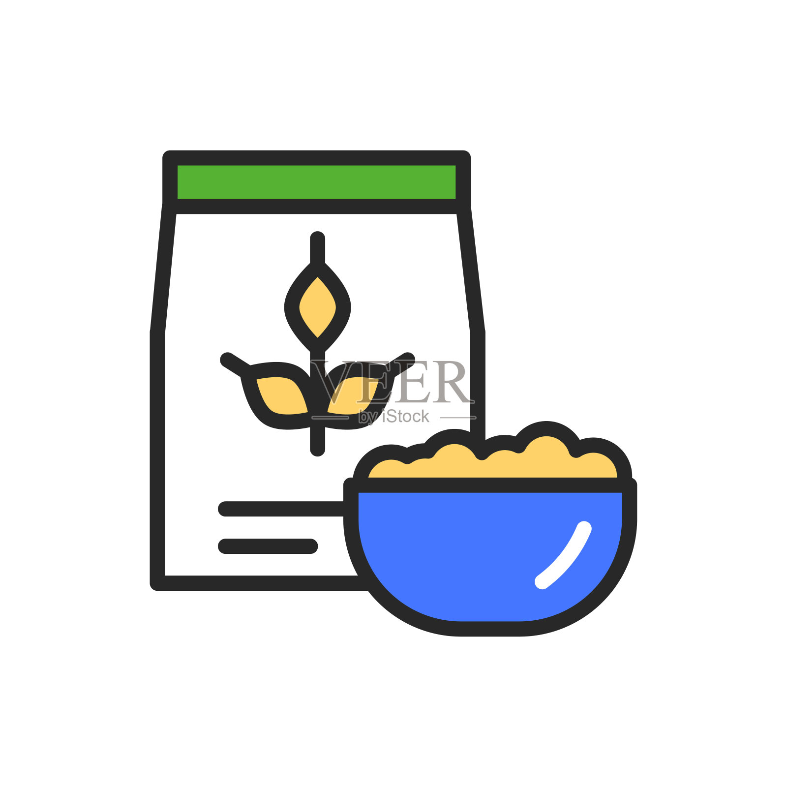 小麦包和碗的粥颜色线图标。健康有机食品。适当的营养。孤立的向量元素。用于网页、手机应用、促销的轮廓象形图插画图片素材