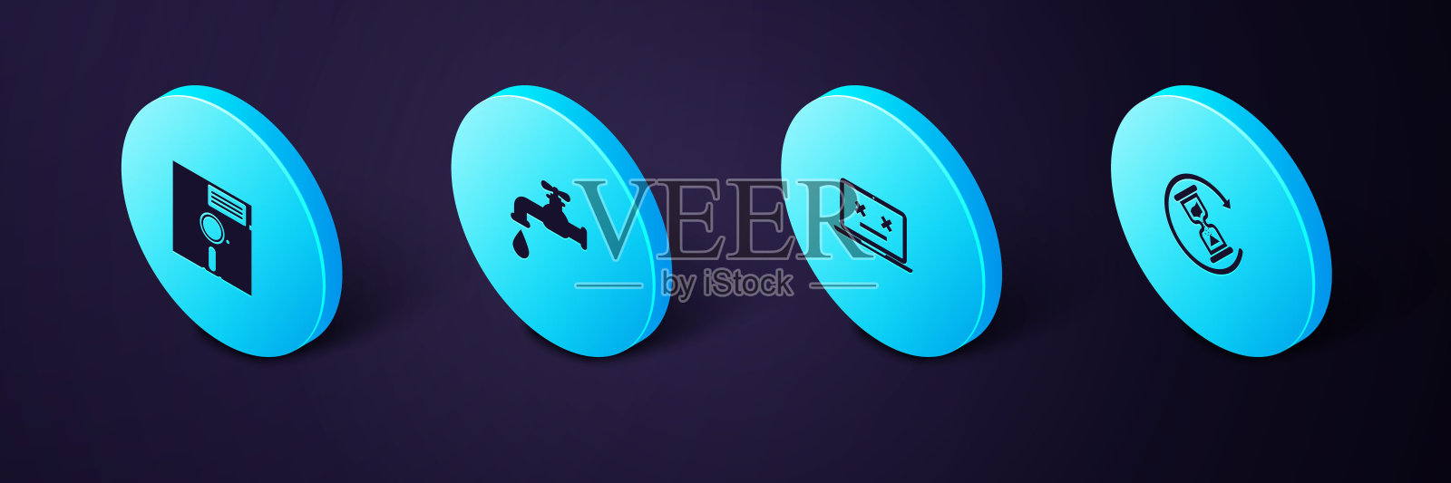 设置等距等待，死机笔记本电脑，水龙头和软盘5.25英寸图标。向量图标素材