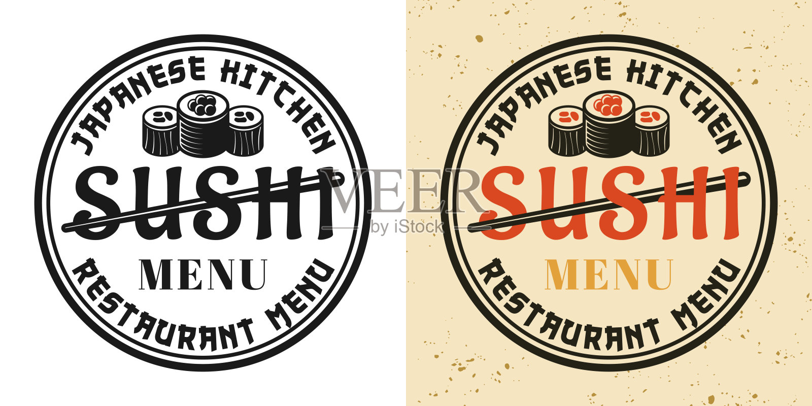 寿司菜单两种风格黑色和彩色复古圆形徽章，徽章，标签或标志矢量插图插画图片素材