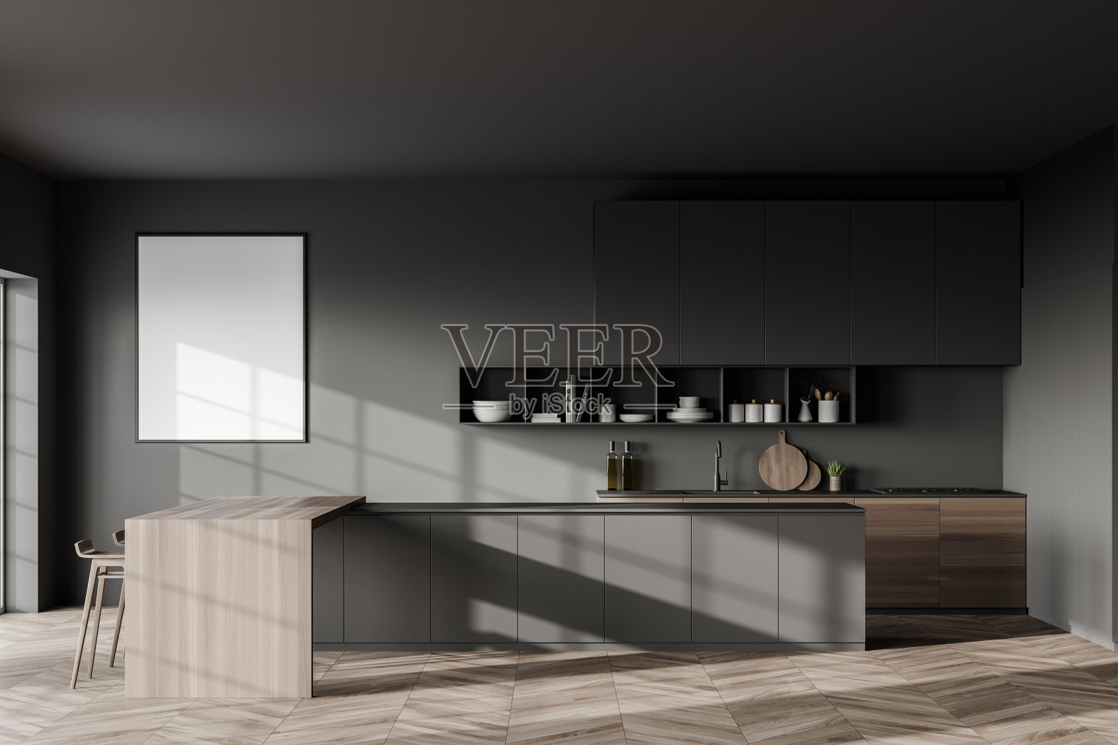 灰色的厨房，酒吧和海报照片摄影图片