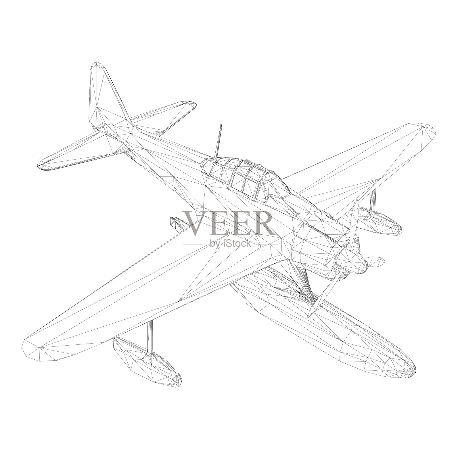 一架旧飞机的线框图，用于在水上起降。等距视图。3 d。矢量图插画图片素材