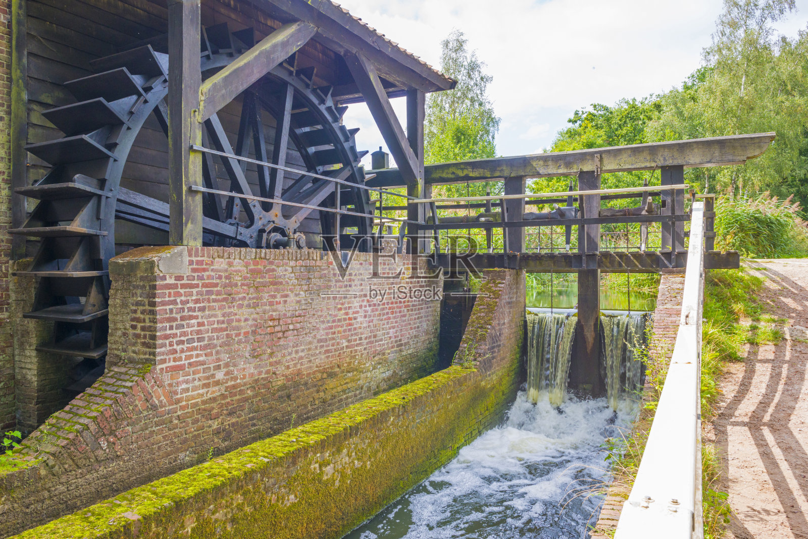 在夏日的阳光下，水车沿着一条小溪的岸边行驶照片摄影图片