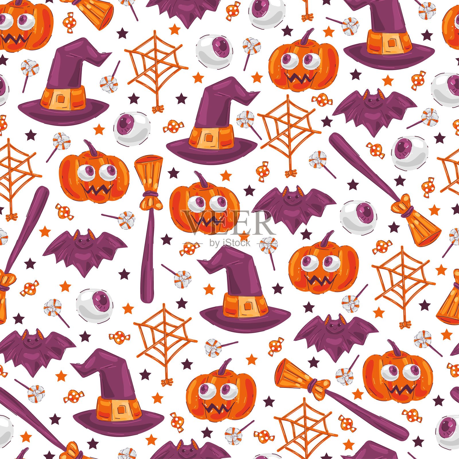 可爱的万圣节元素向量卡通无缝图案的白色背景墙纸，包装，包装，和背景。插画图片素材
