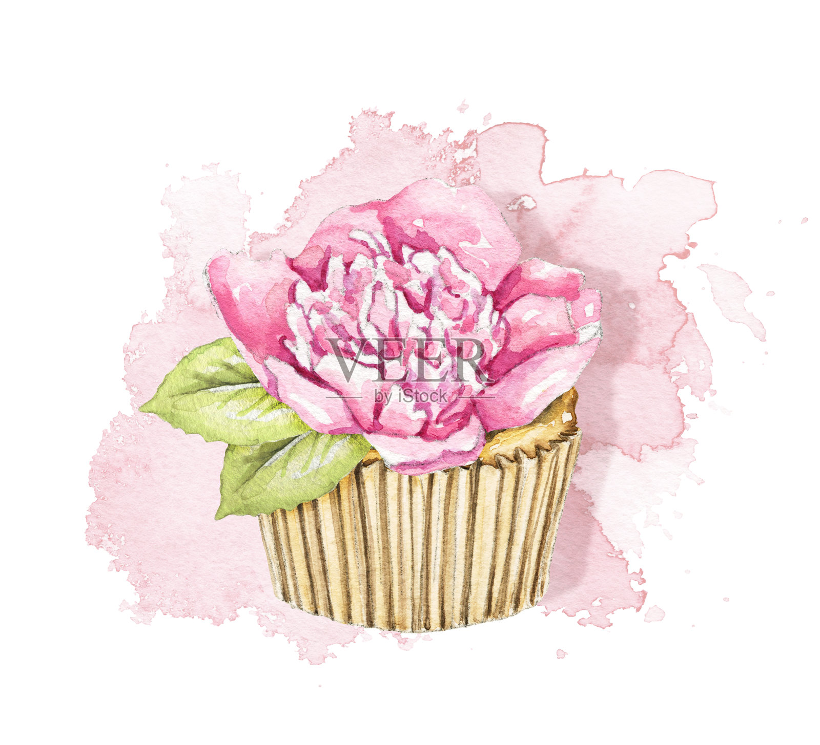 水彩纸杯蛋糕与玫瑰花在粉红色的污渍背景插画图片素材