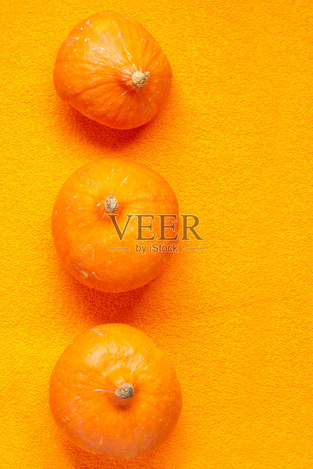 北海道南瓜。橙色背景上的三个南瓜照片摄影图片