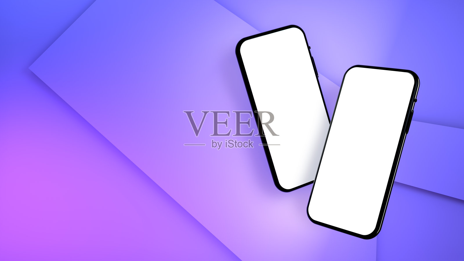 3d渲染插图的黑色智能手机，模拟手机空屏幕上的紫色背景。照片摄影图片