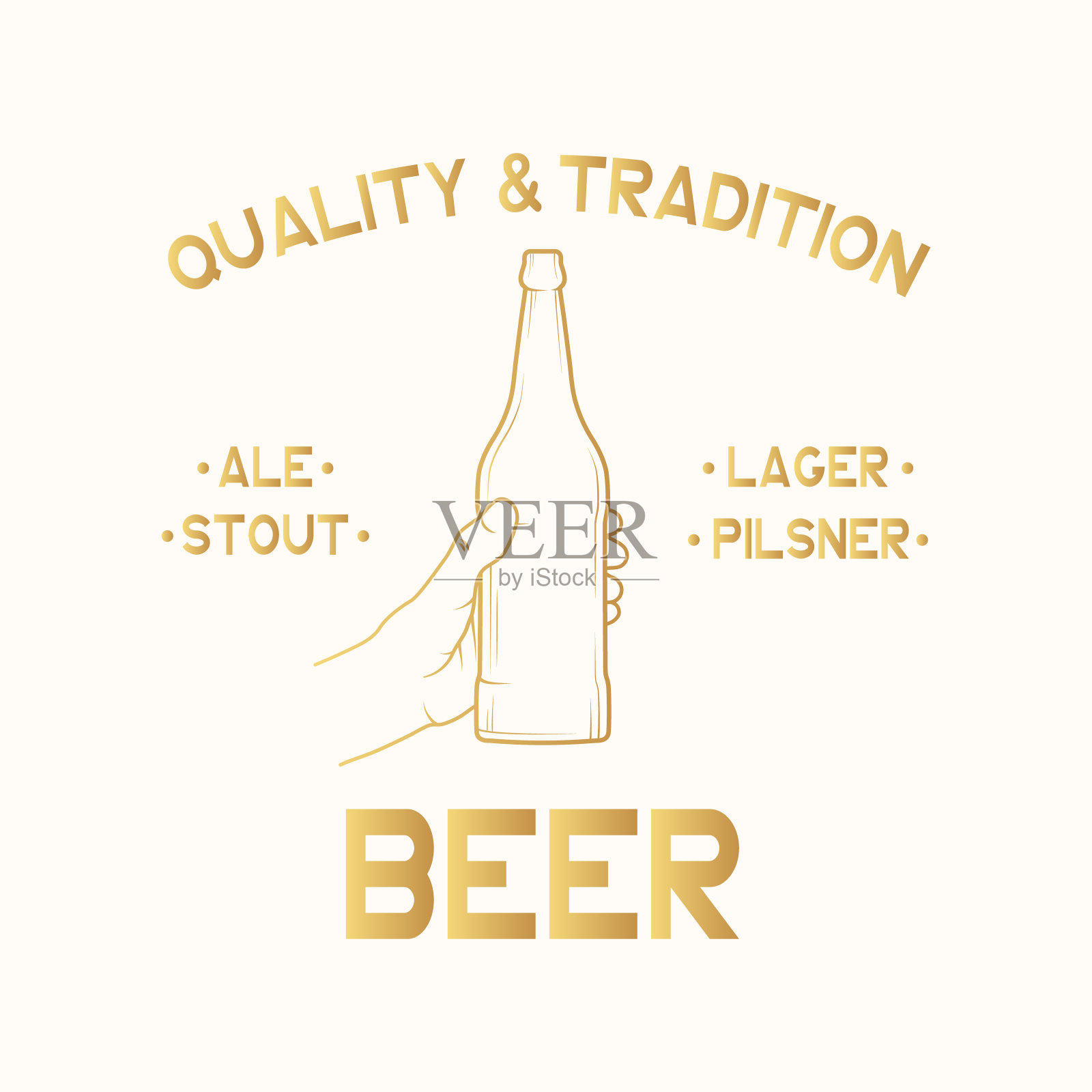 啤酒屋金标签，徽章。手拿酒瓶的酒吧标志。矢量插图与黄金复古品牌设计。插画图片素材