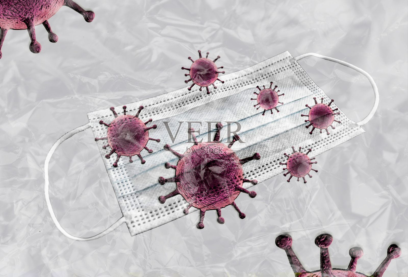 一个医学病毒面具后面的塑料薄膜与冠状病毒上和周围的3d插图照片摄影图片