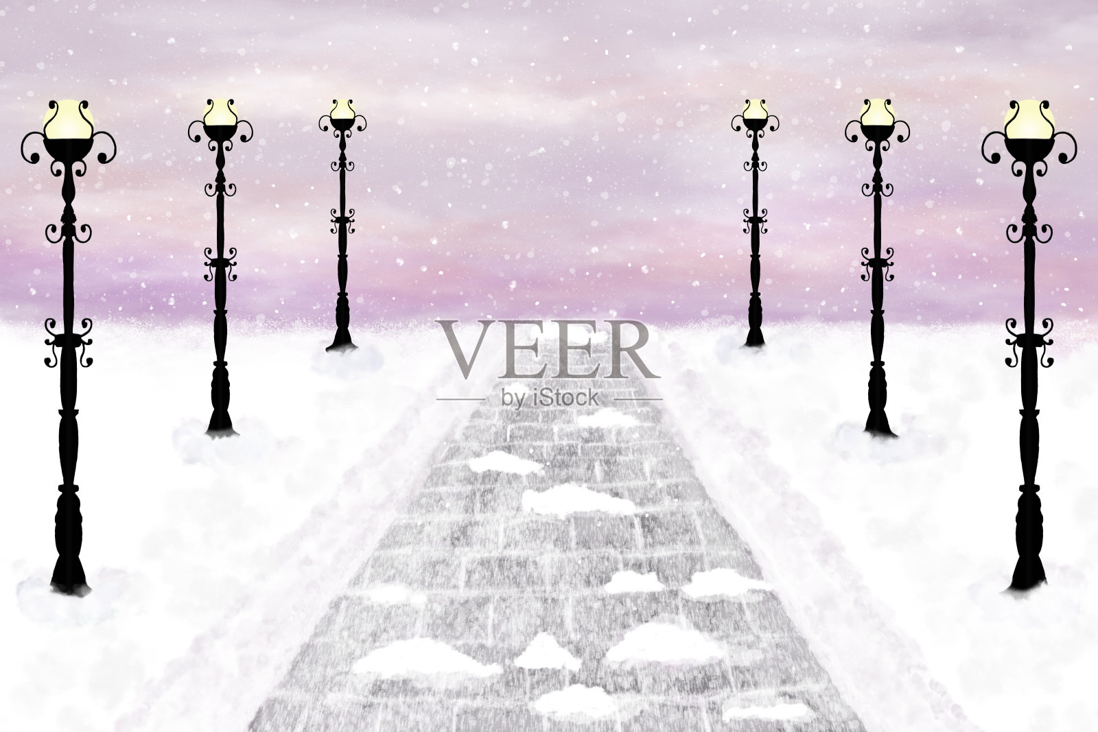 美丽的雪巷和路灯插画图片素材
