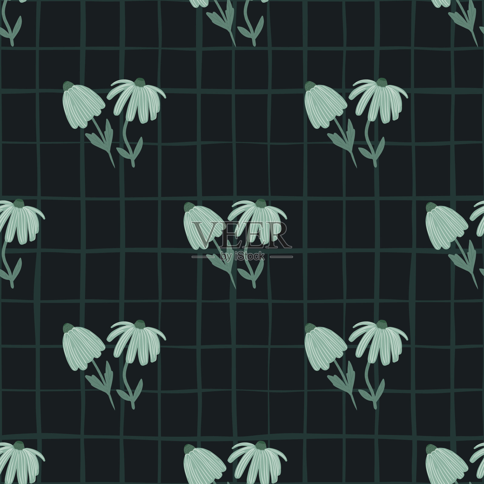 暗花无缝图案与程式化的装饰。浅蓝色雏菊的背景与检查。插画图片素材