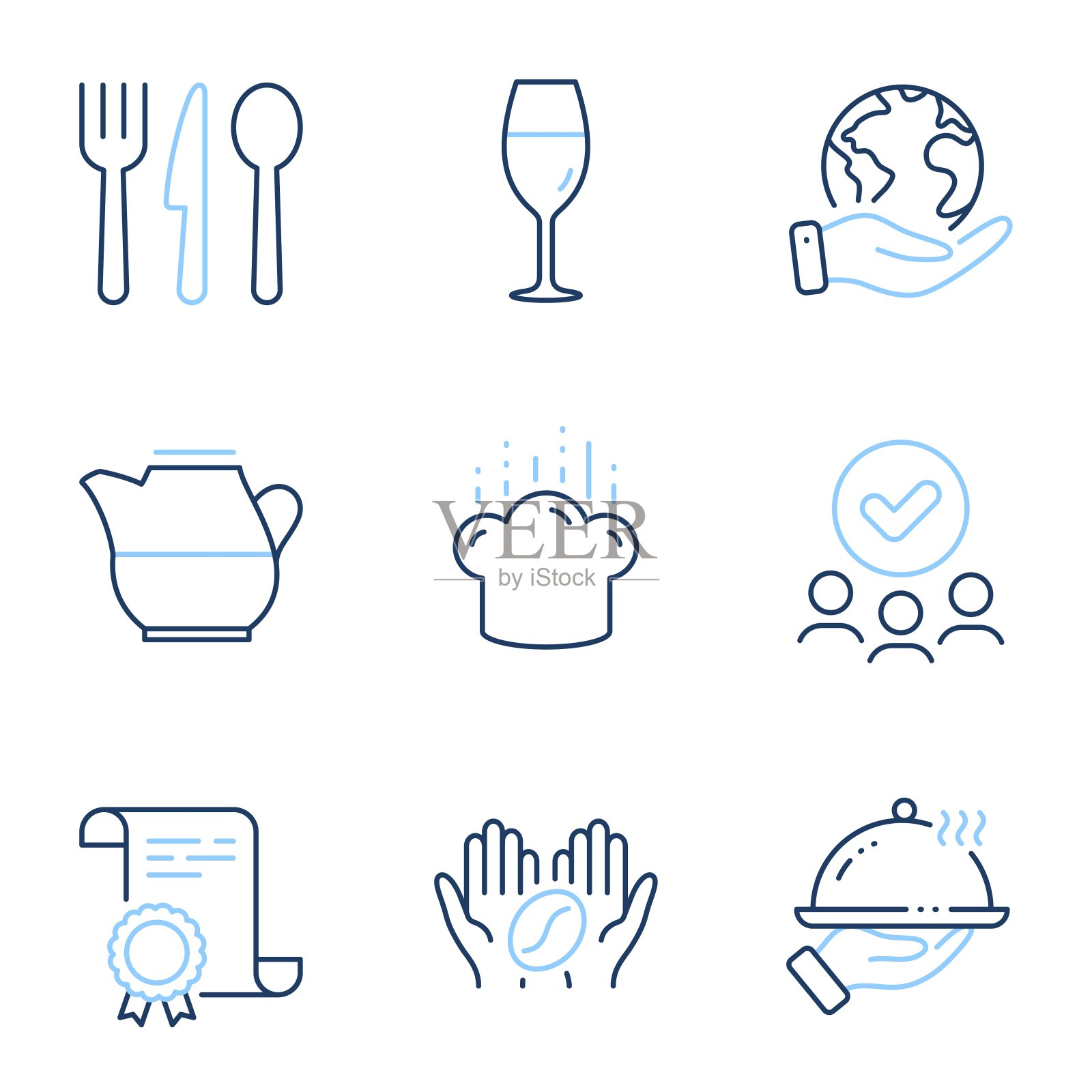 餐厅食物，烹饪帽和咖啡图标集。食物，牛奶壶和葡萄酒杯的标志。向量图标素材