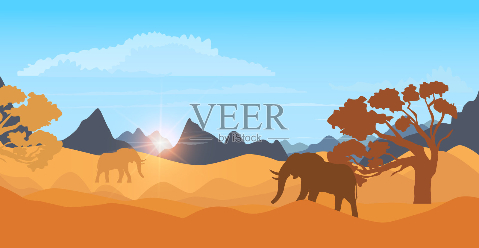 夏季景观有沙漠、树木、山脉和大象。插画图片素材