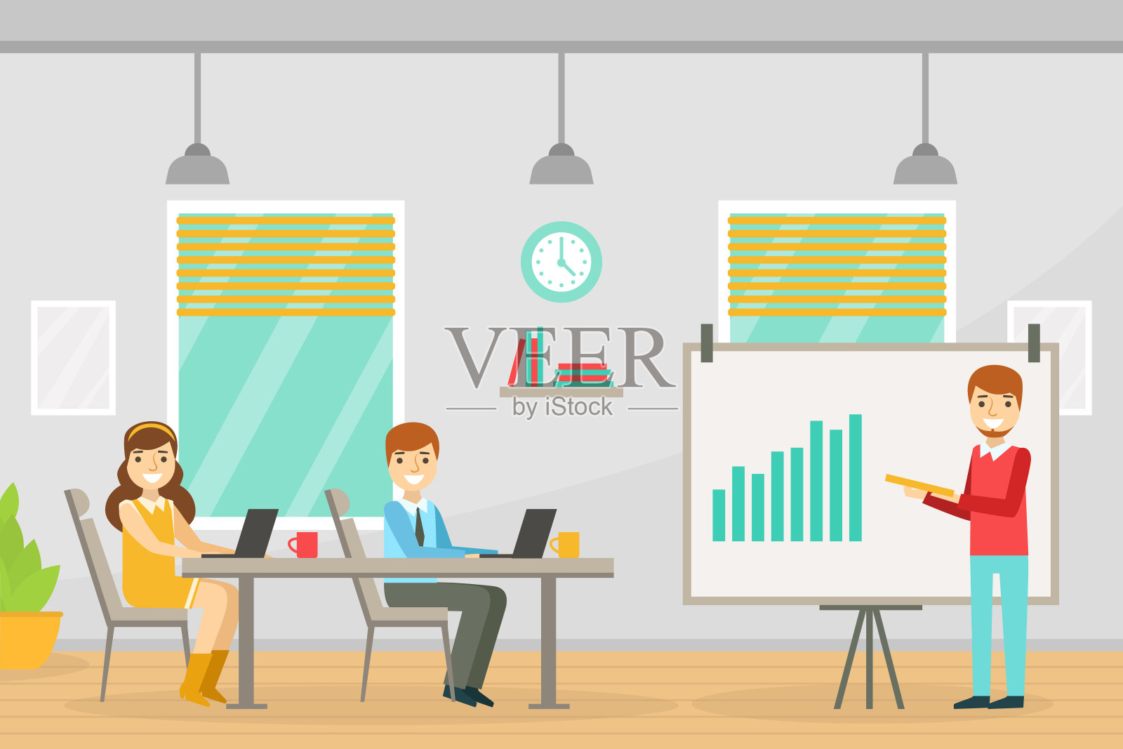 商务会议，商人报告站在展示板，团队一起工作在共同工作开放式办公室矢量插图插画图片素材